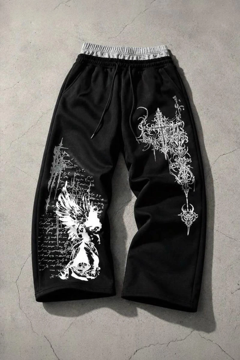 Siyah Tribal Angel Gotik Harajuku Ek Detaylı Y2K Unisex Eşofman