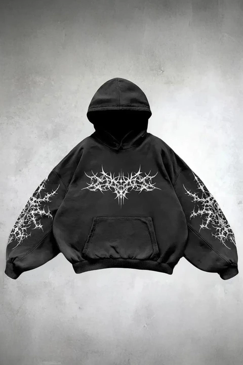 Siyah Tribal Deer Gotik Y2K Kapüşonlu Unisex Sweatshirt