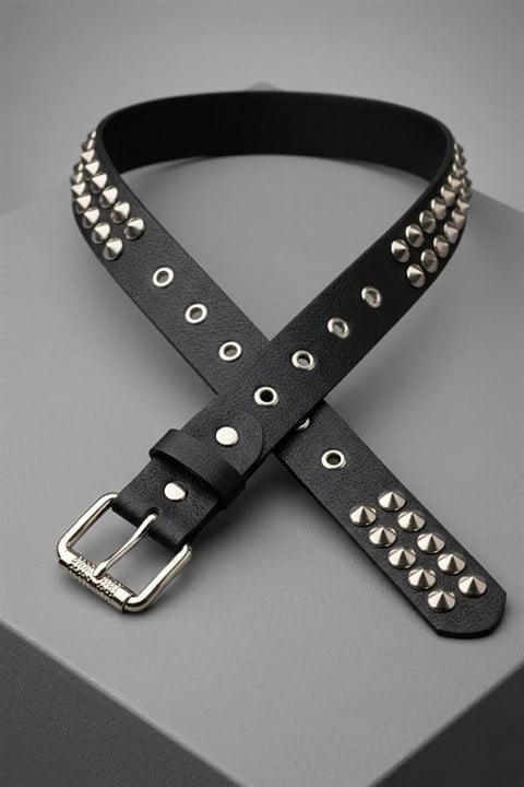 Siyah Üç Şeritli Piramit Metal Stud Gotik Deri Kemer