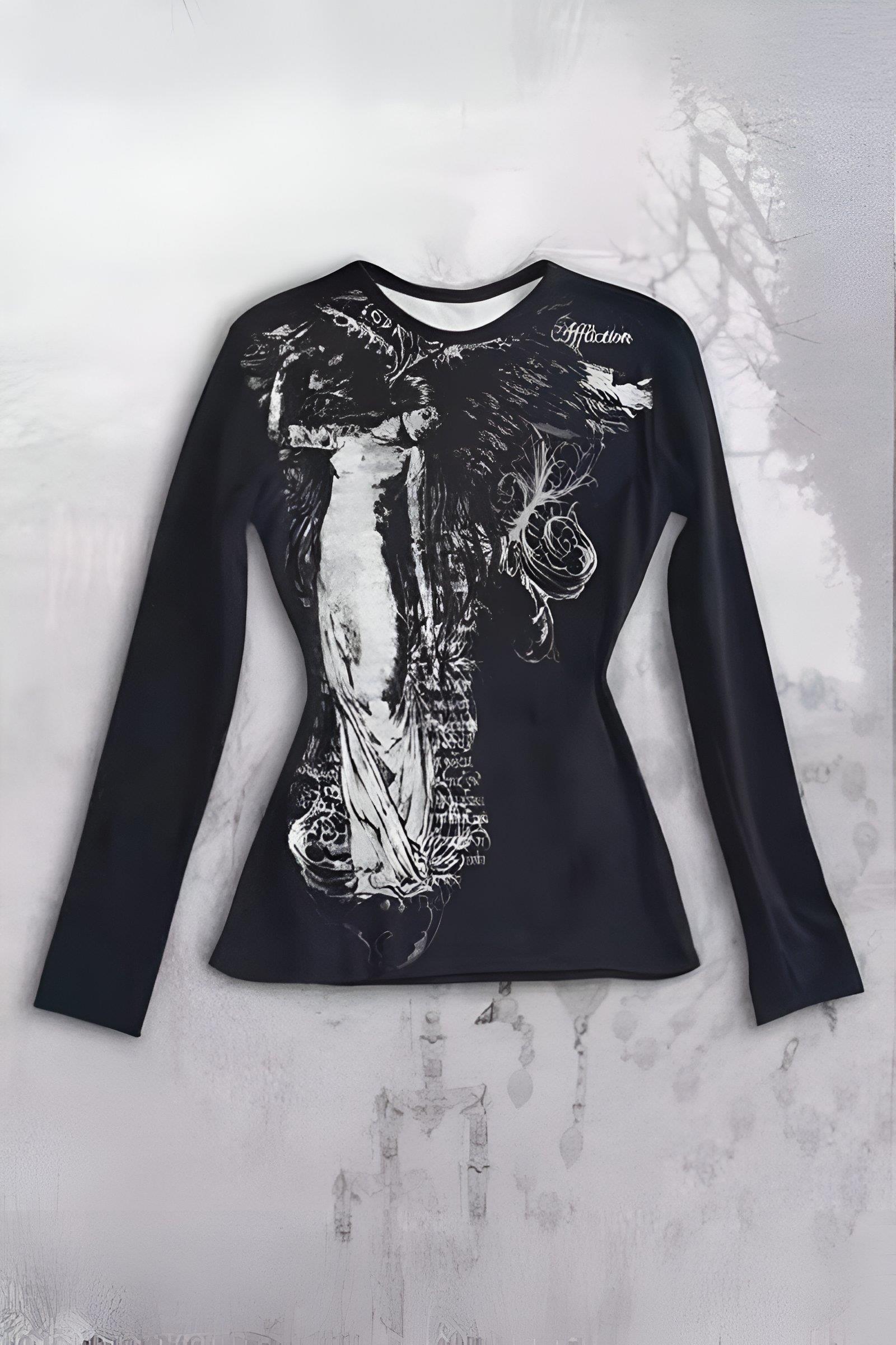 Siyah Vintage Angel Affliction Cyber Grunge Y2K Uzun Kollu Crop