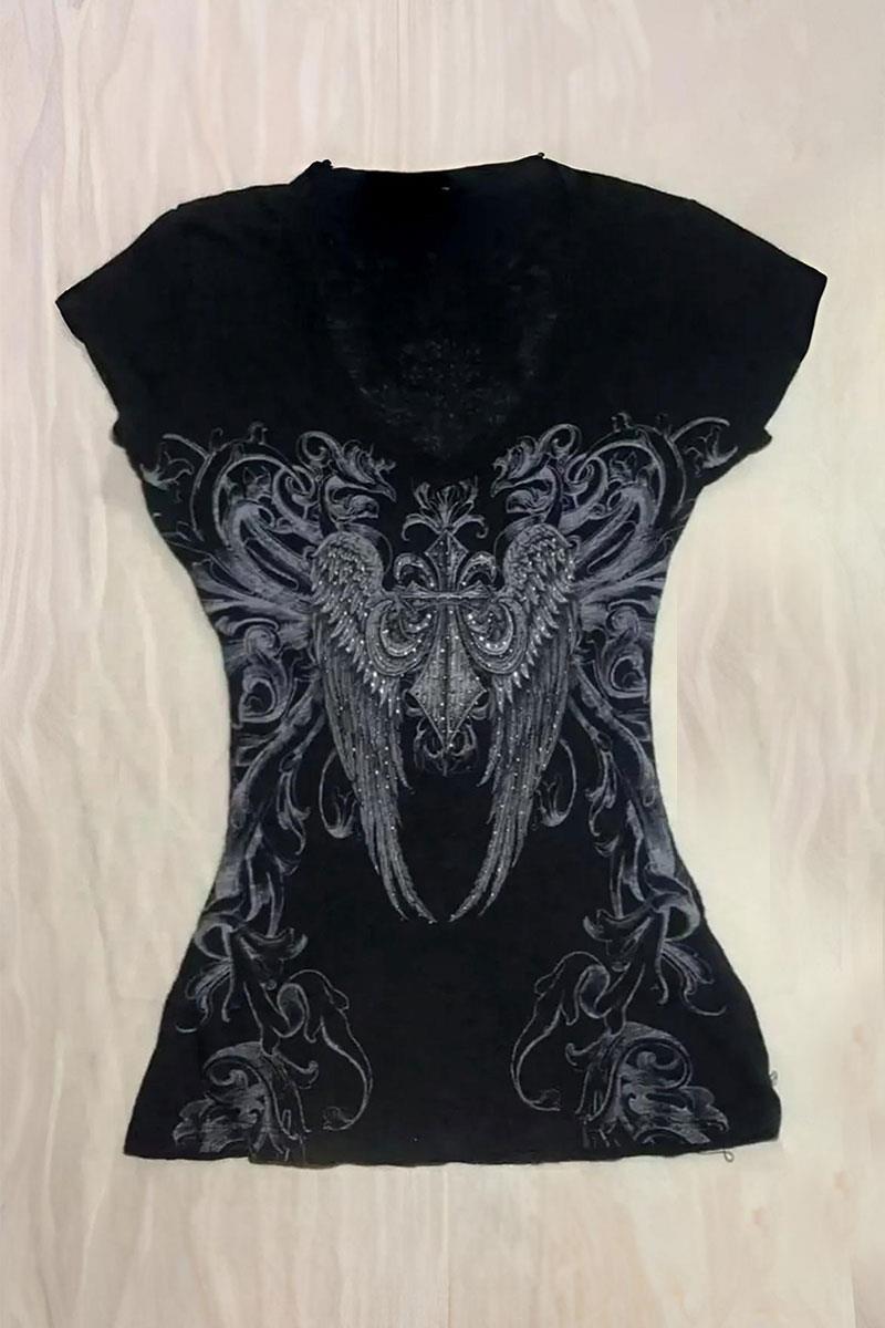 Siyah Vintage Gothic Wing Kısa Kollu Crop