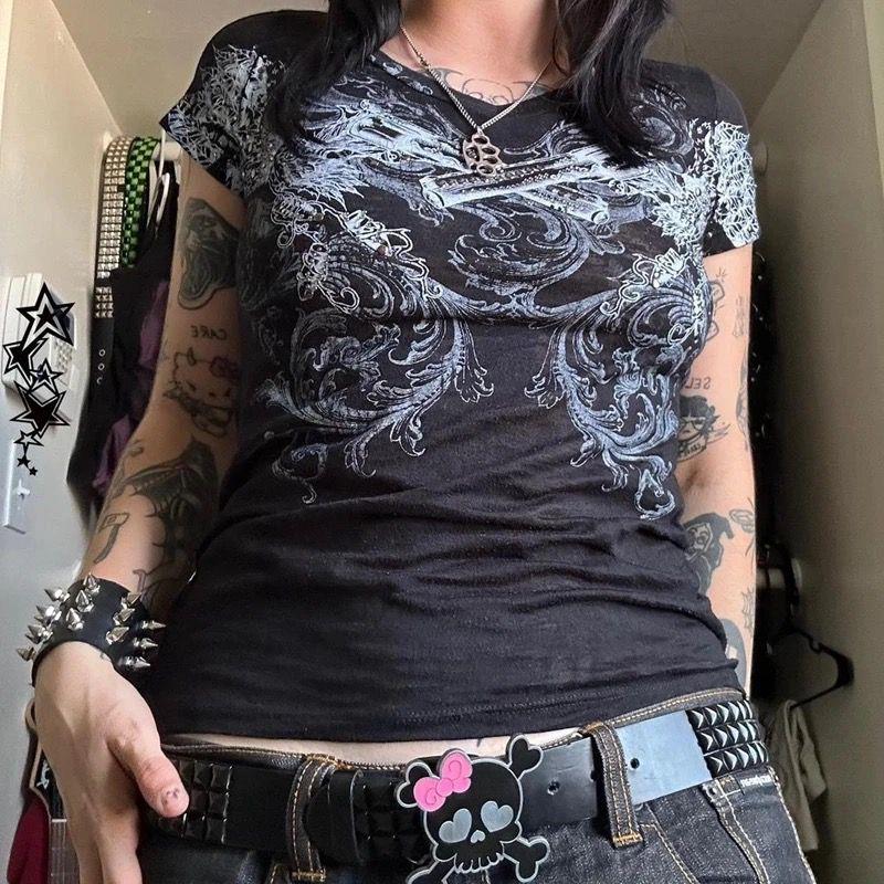 Siyah Vintage Projectile Cyber Grunge Full Body Kısa Kollu Crop