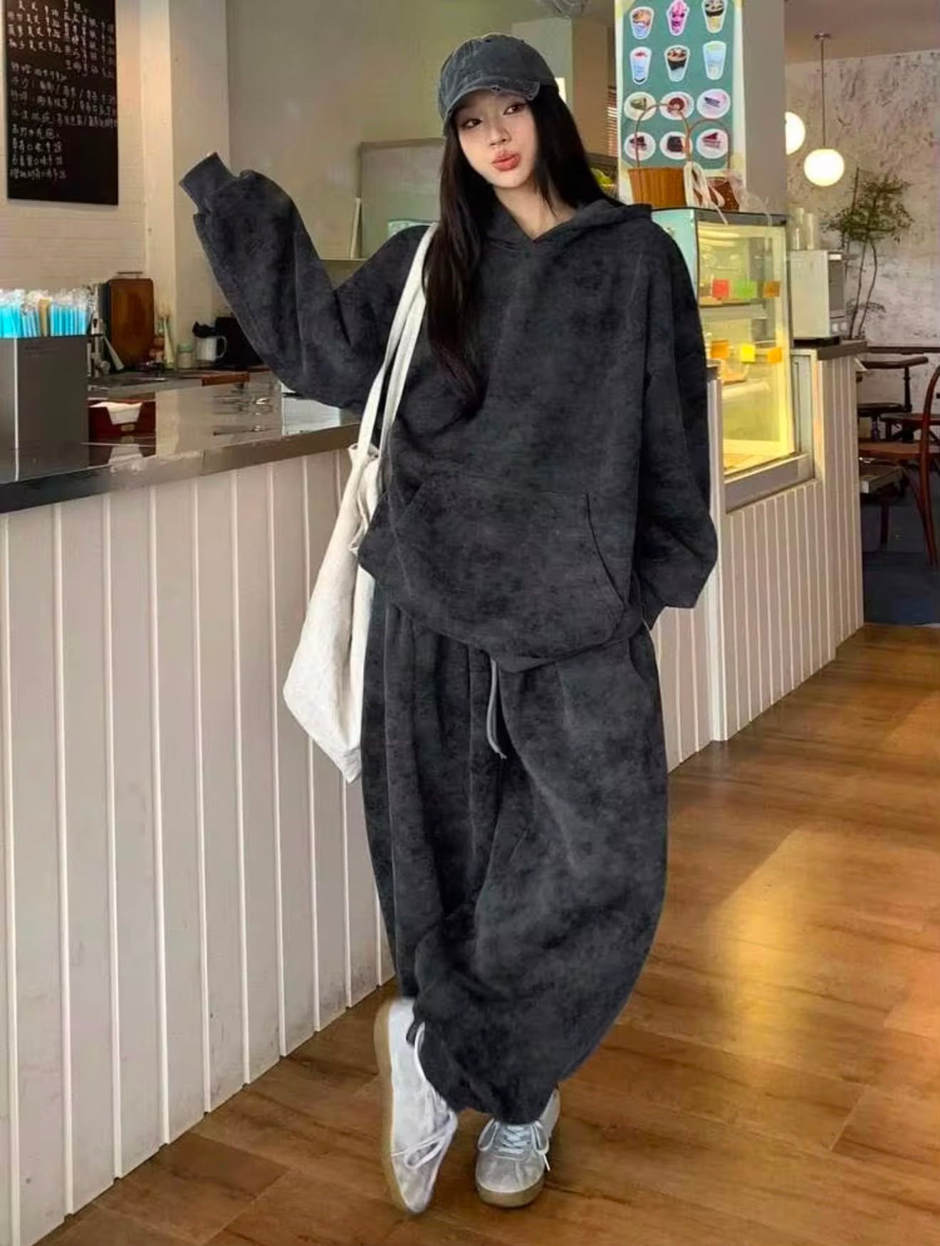 Siyah Washed Yıkama Desenli 3 İplik Eşofman Takımı