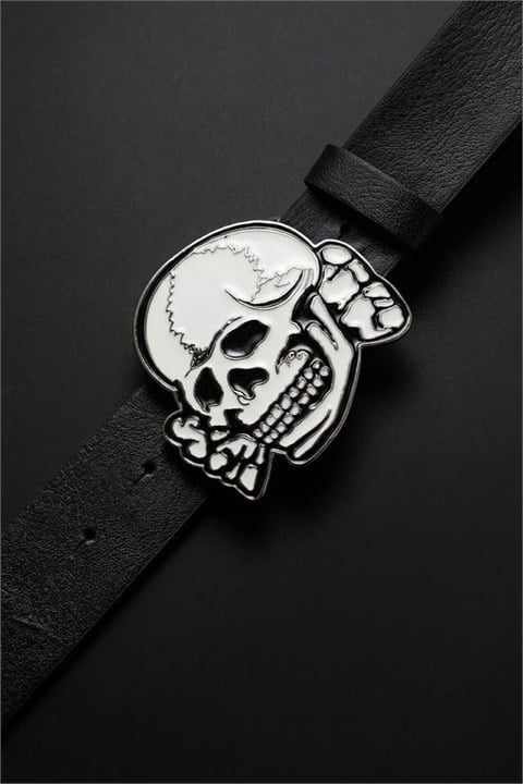 Siyah White Enamel Skull Deri Kemer