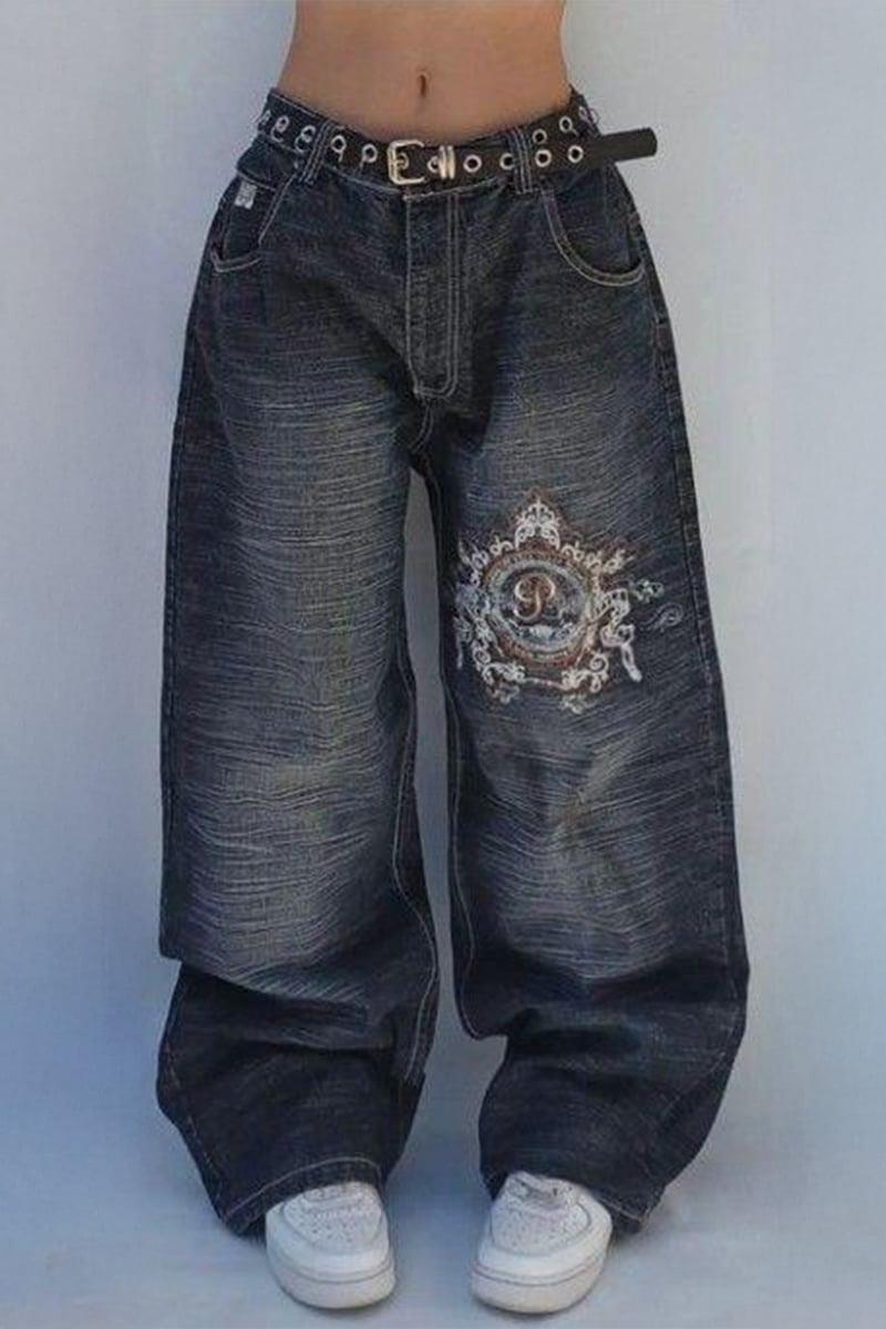Siyah Yıkamalı P Patchli Vintage Baggy Y2K Pantolon