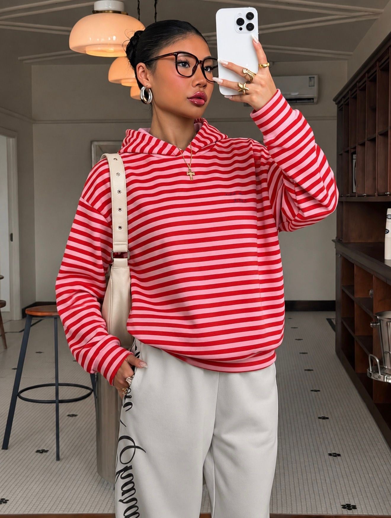 Toz Pembe Çizgili Hood 3 İplik Dijital Sweatshirt