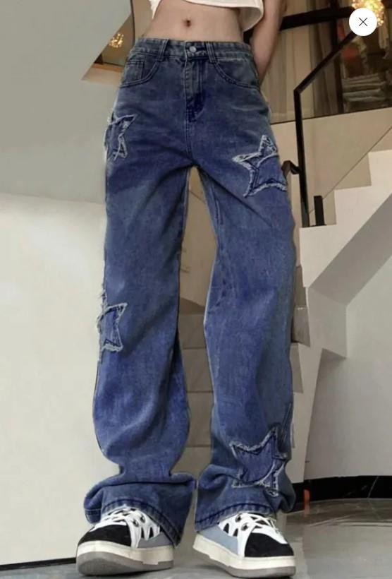 Y2k Mavi Yıldız İşlemeli Baggy Pantolon