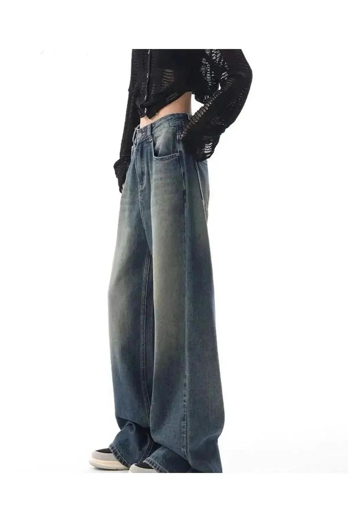 Y2K VINTAGE YÜKSEK BEL HARAJUKU GEVŞEK KOT PANTOLON KORE MODA