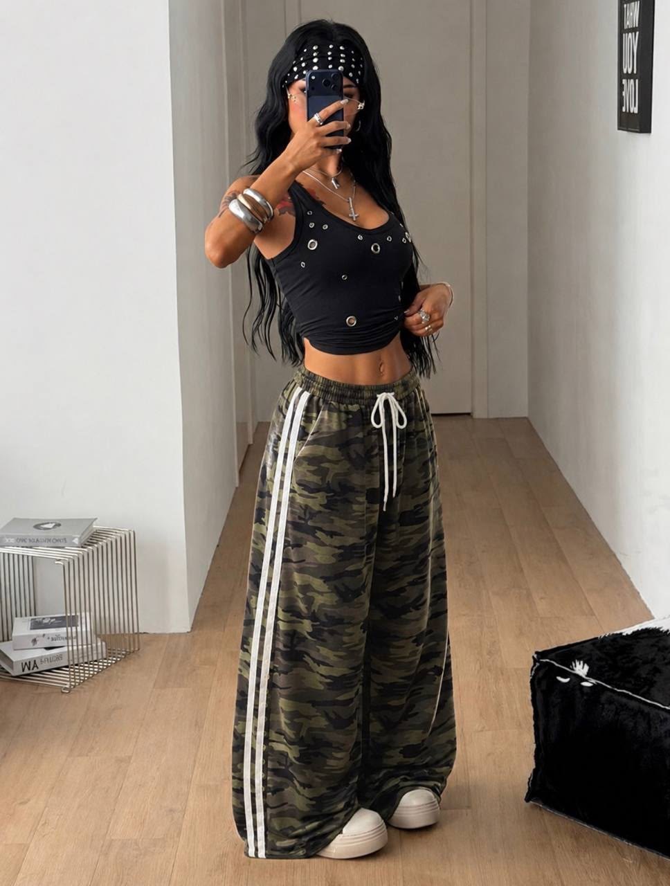 Yeşil Kamuflaj Prep Şeritli Oversize Eşofman Altı 