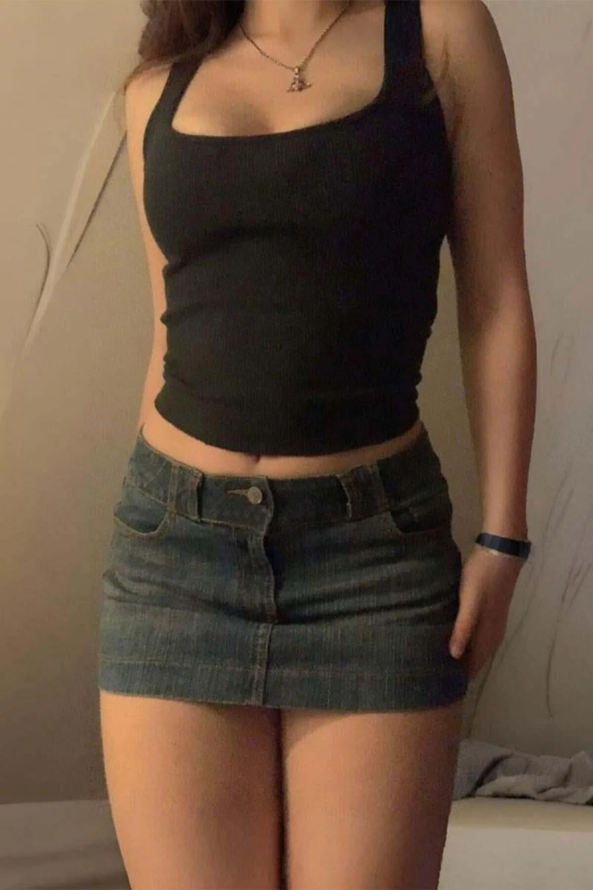 Yeşil Tint Yıkamalı Mini Düğmeli Kot Etek