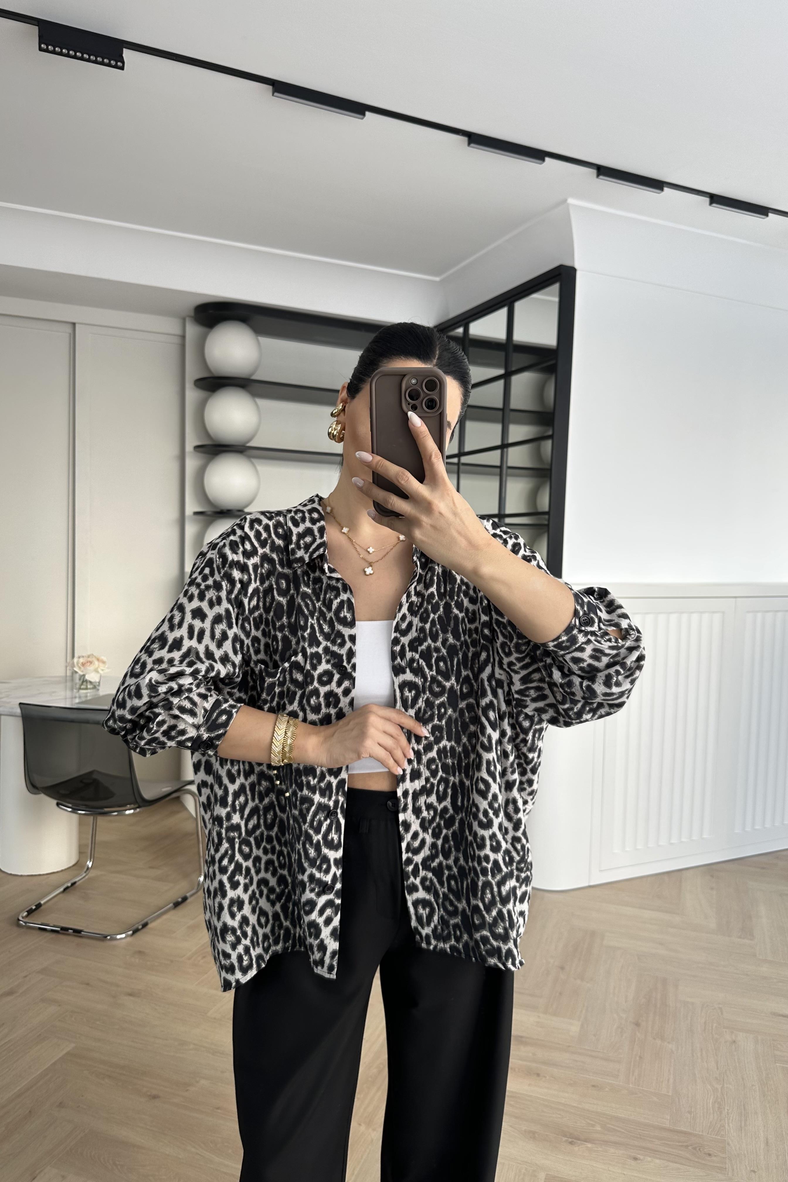  Leopar Desenli Oversize Düğmeli Gömlek 