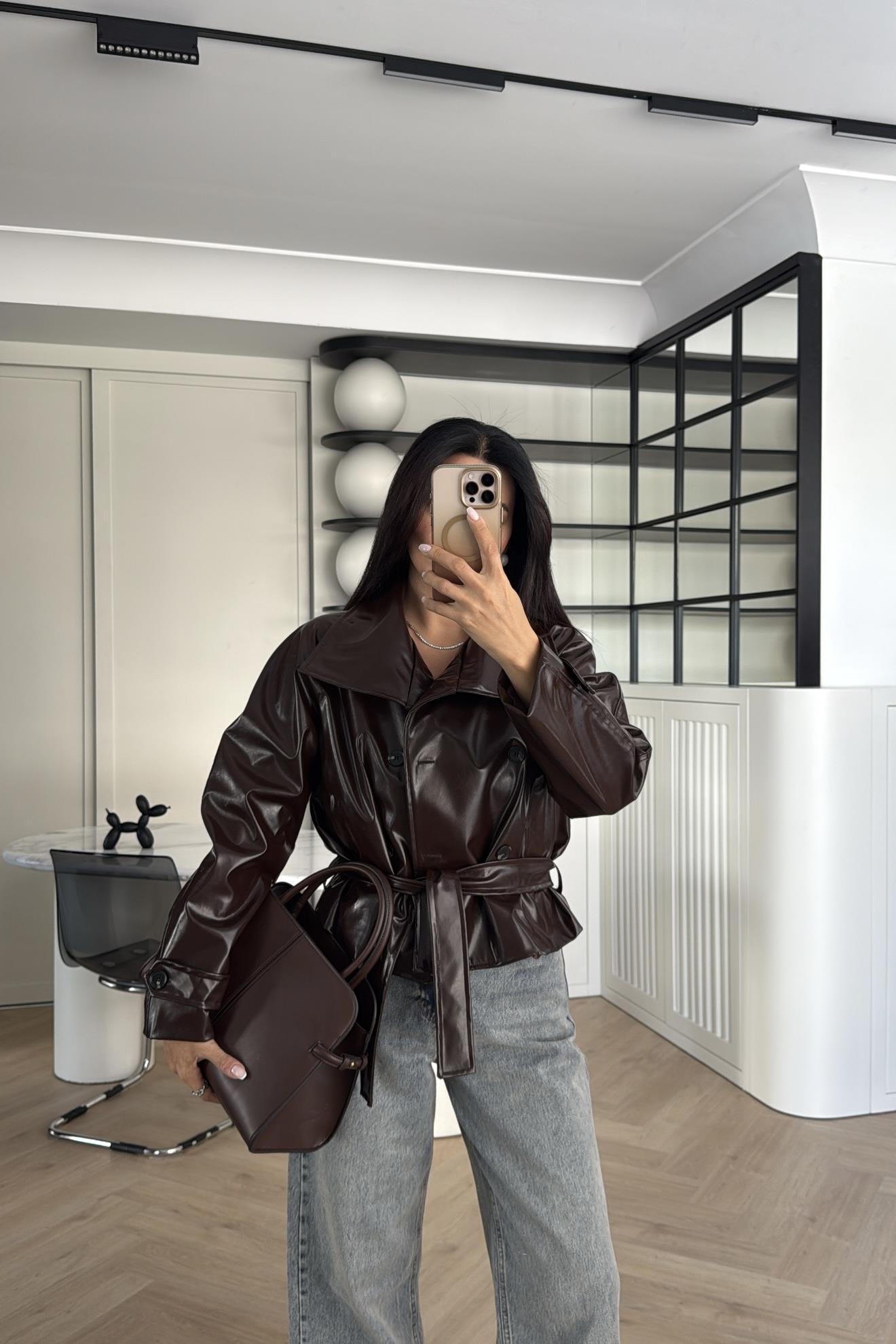 ACI KAHVE DİK YAKA DERİ CEKET