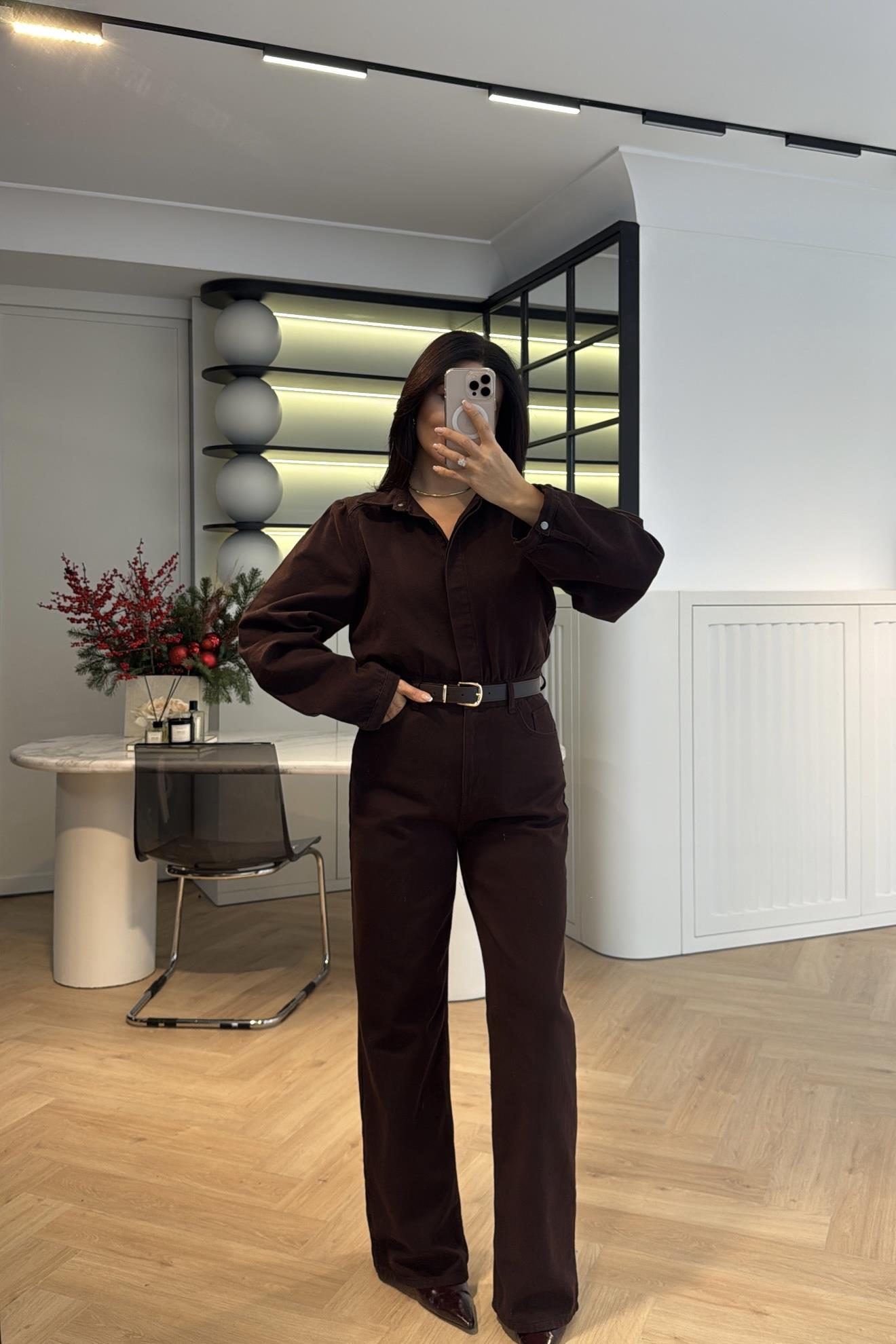 ACI KAHVE KEMER DETAYLI DENİM TULUM