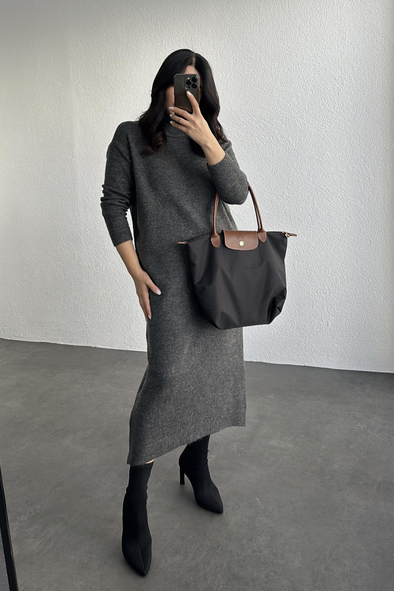 Antrasit Balıkçı Yaka Maxi Boy Triko Elbise 