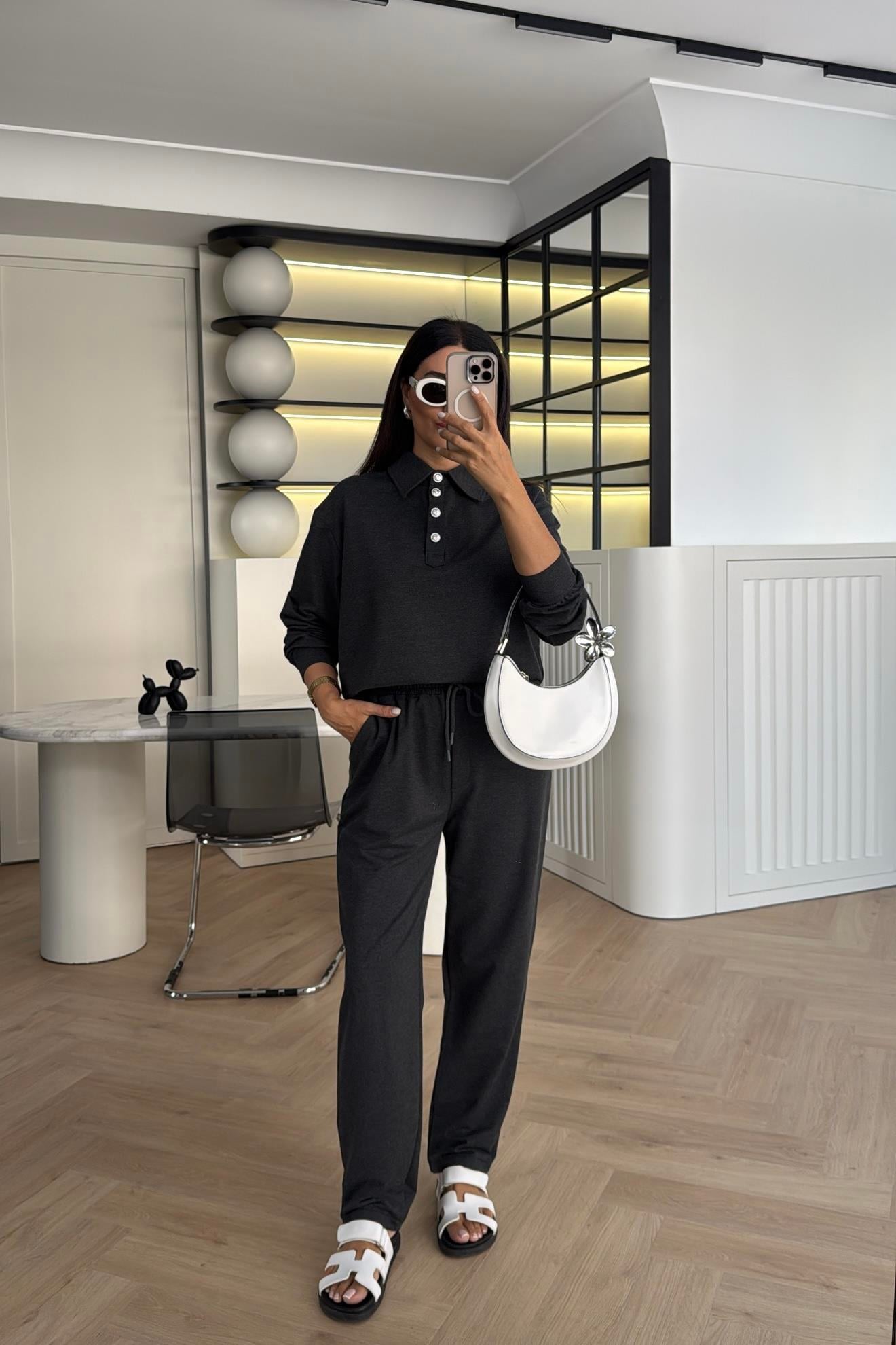 ANTRASİT DÜĞMELİ POLO YAKA İKİLİ TAKIM