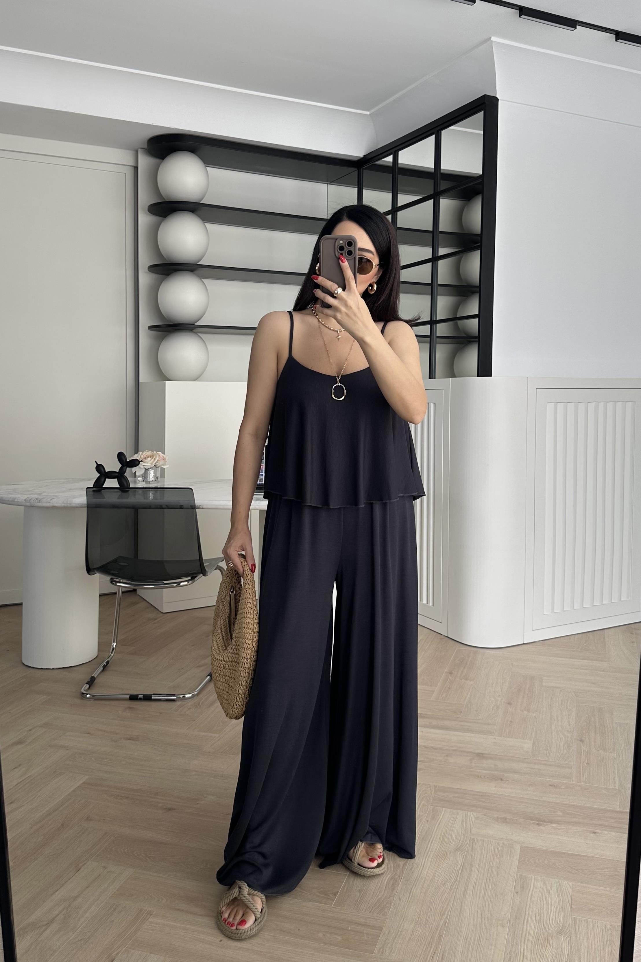 Antrasit İp Askılı Bol Paça Takım