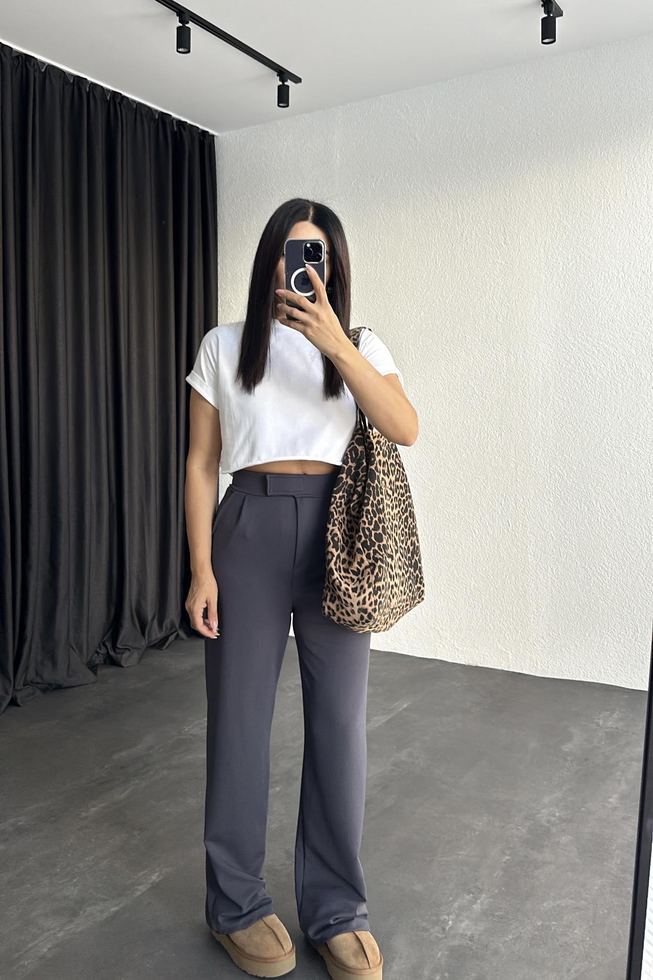 Antrasit Renk Beli Cırtlı Likralı Palazzo Pantolon 