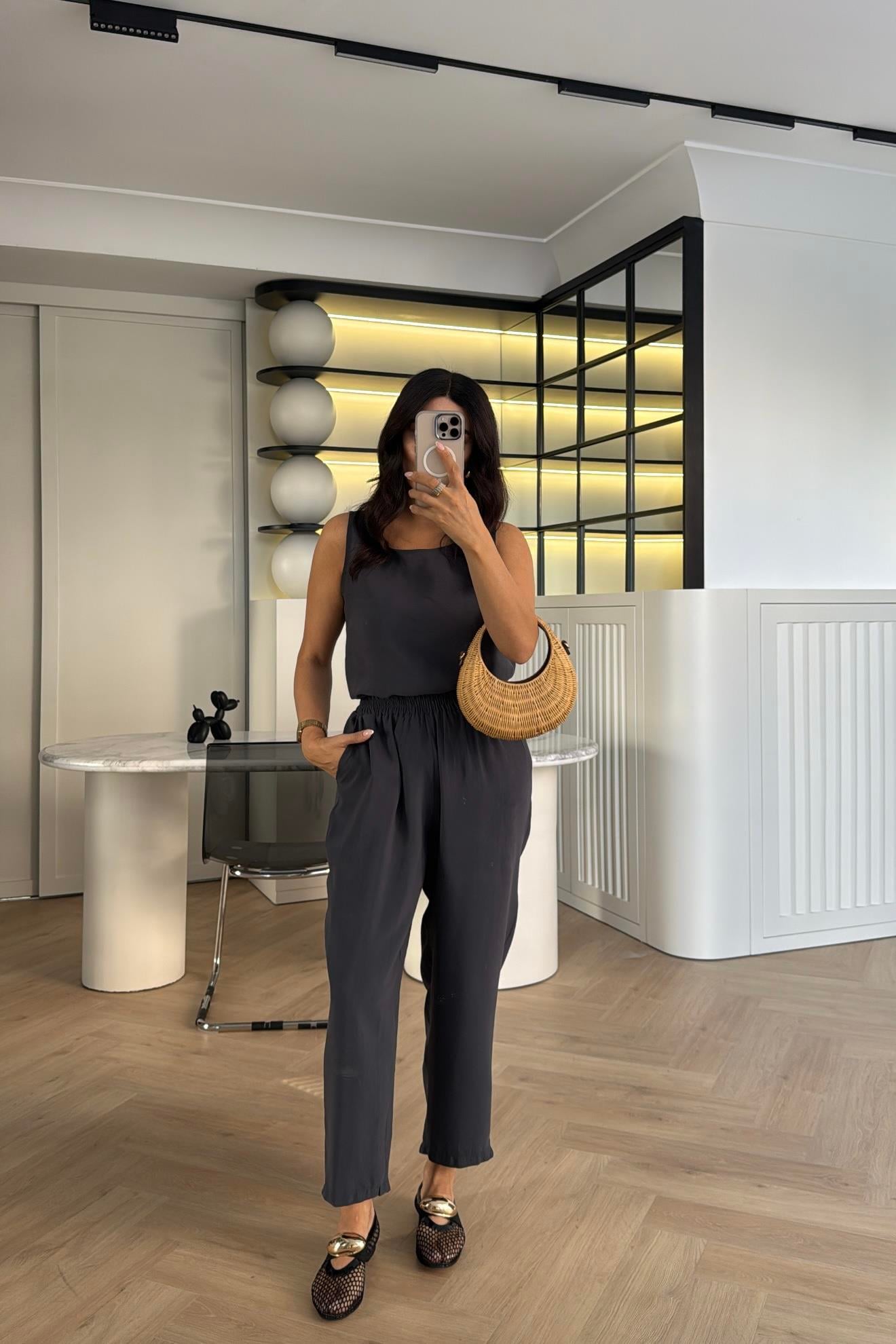 ANTRASİT TENSEL KOLSUZ BLUZ PANTOLON TAKIM