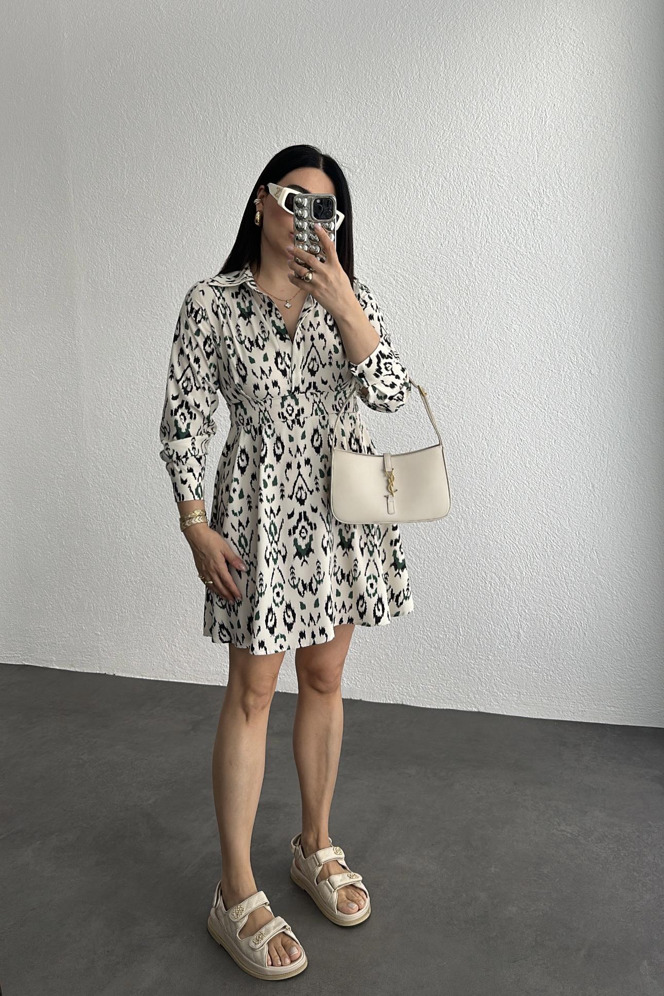 Arkası Lastikli Şal Desenli Marka Model Elbise