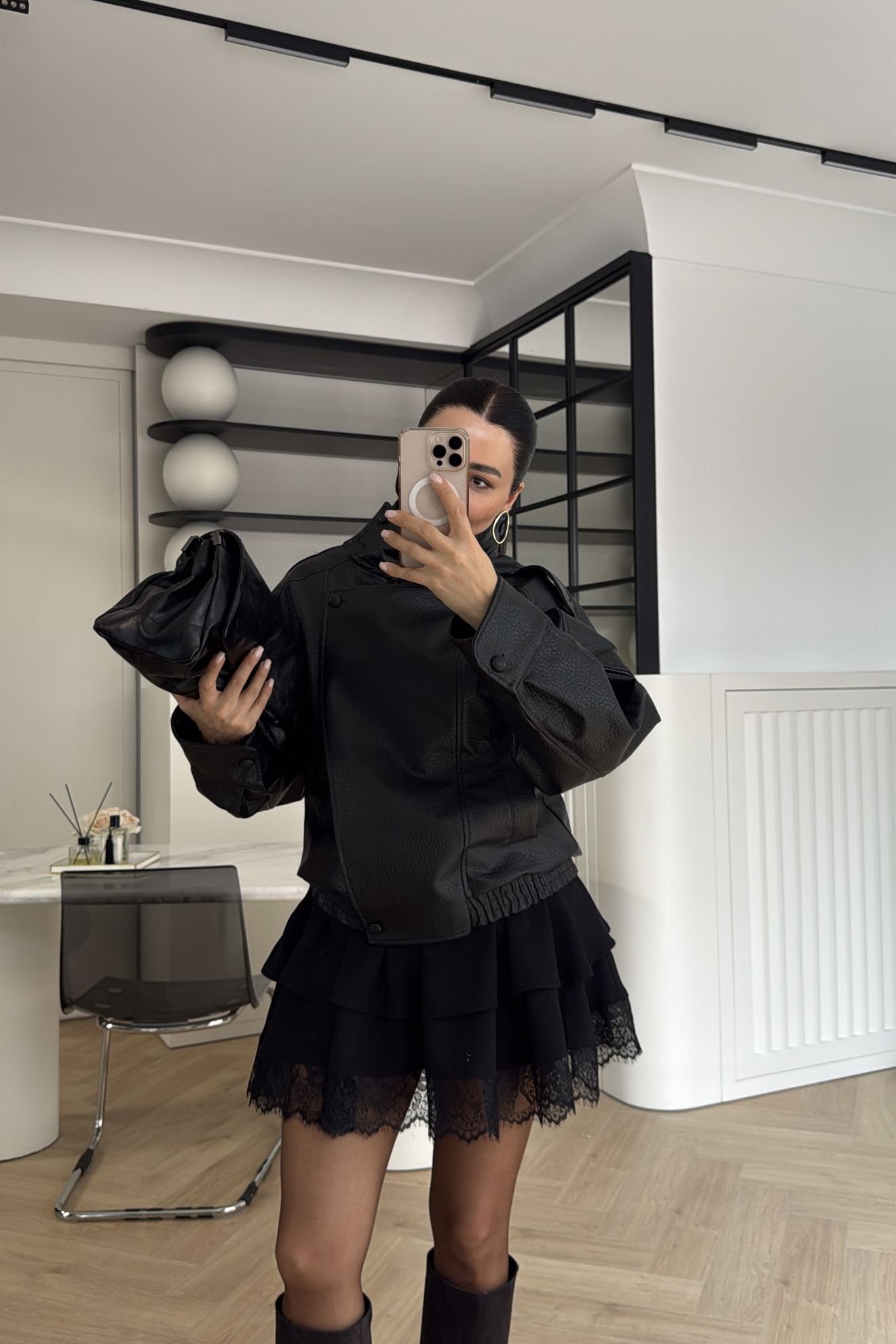 ASİMETRİK KESİM DERİ BOMBER CEKET SİYAH