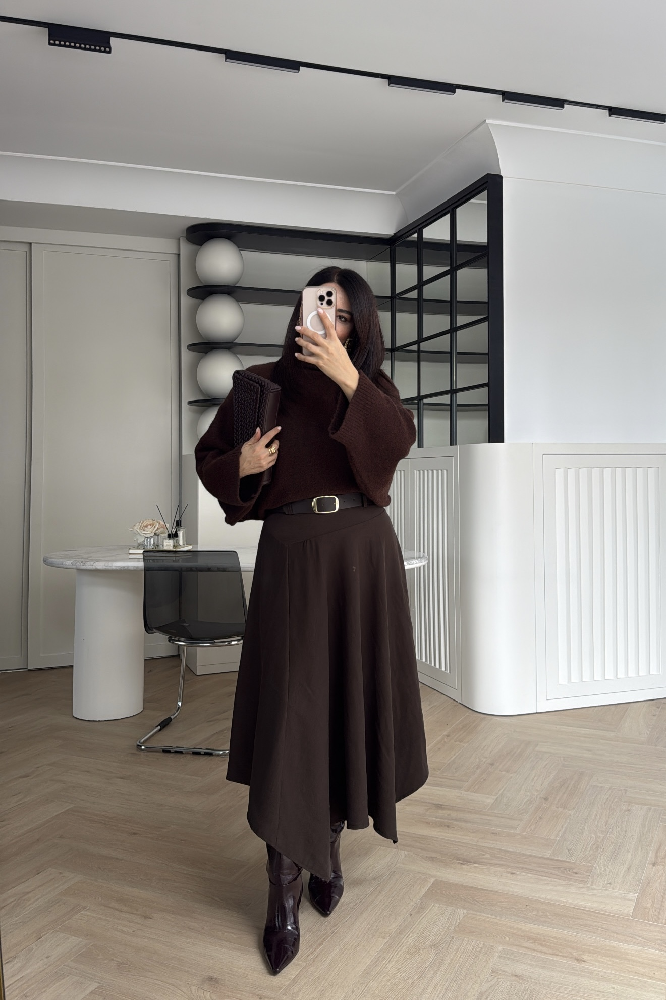 ASİMETRİK KESİM KEMERLİ ETEK KAHVE 