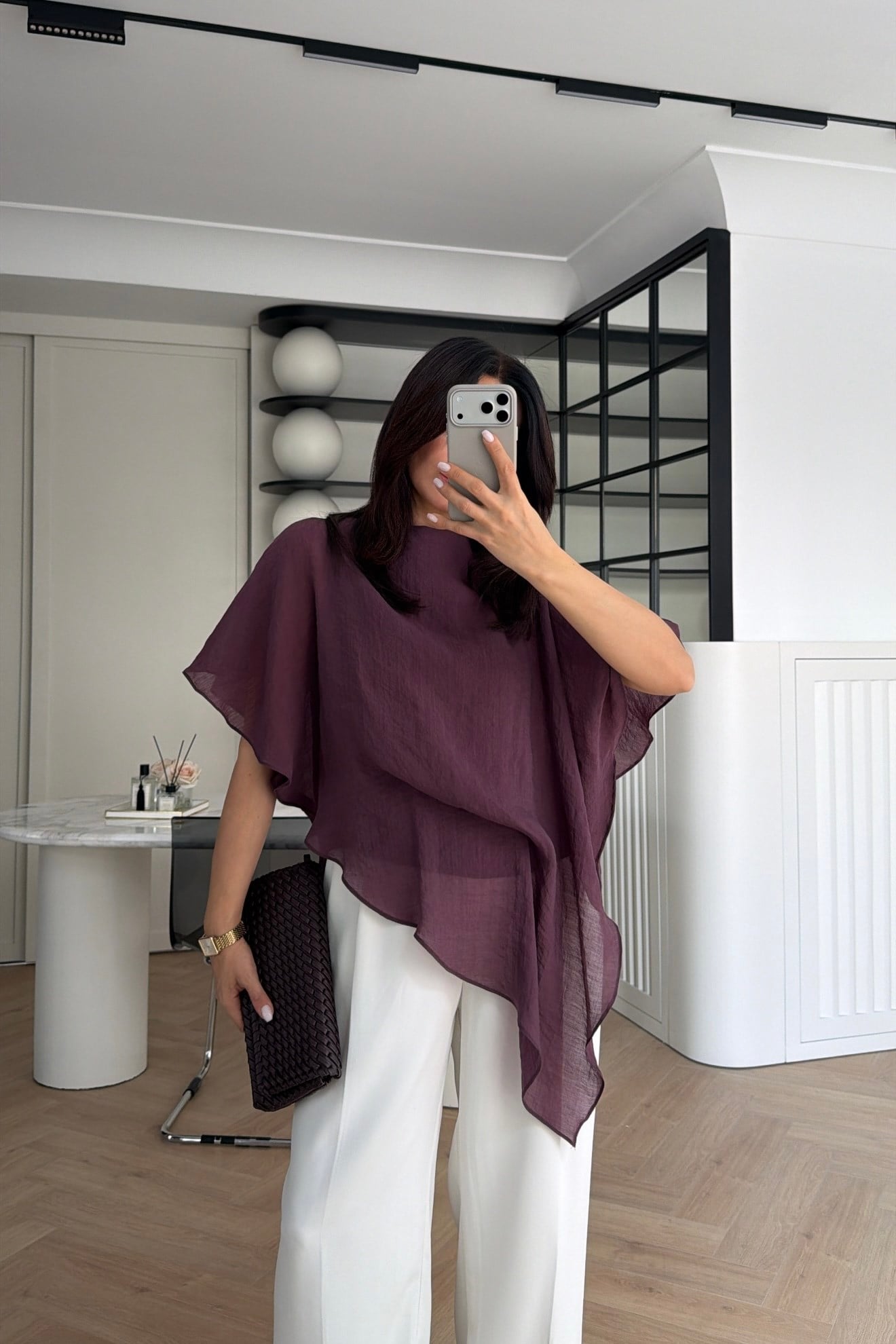 ASİMETRİK KESİM ŞİFON BLUZ MÜRDÜM 