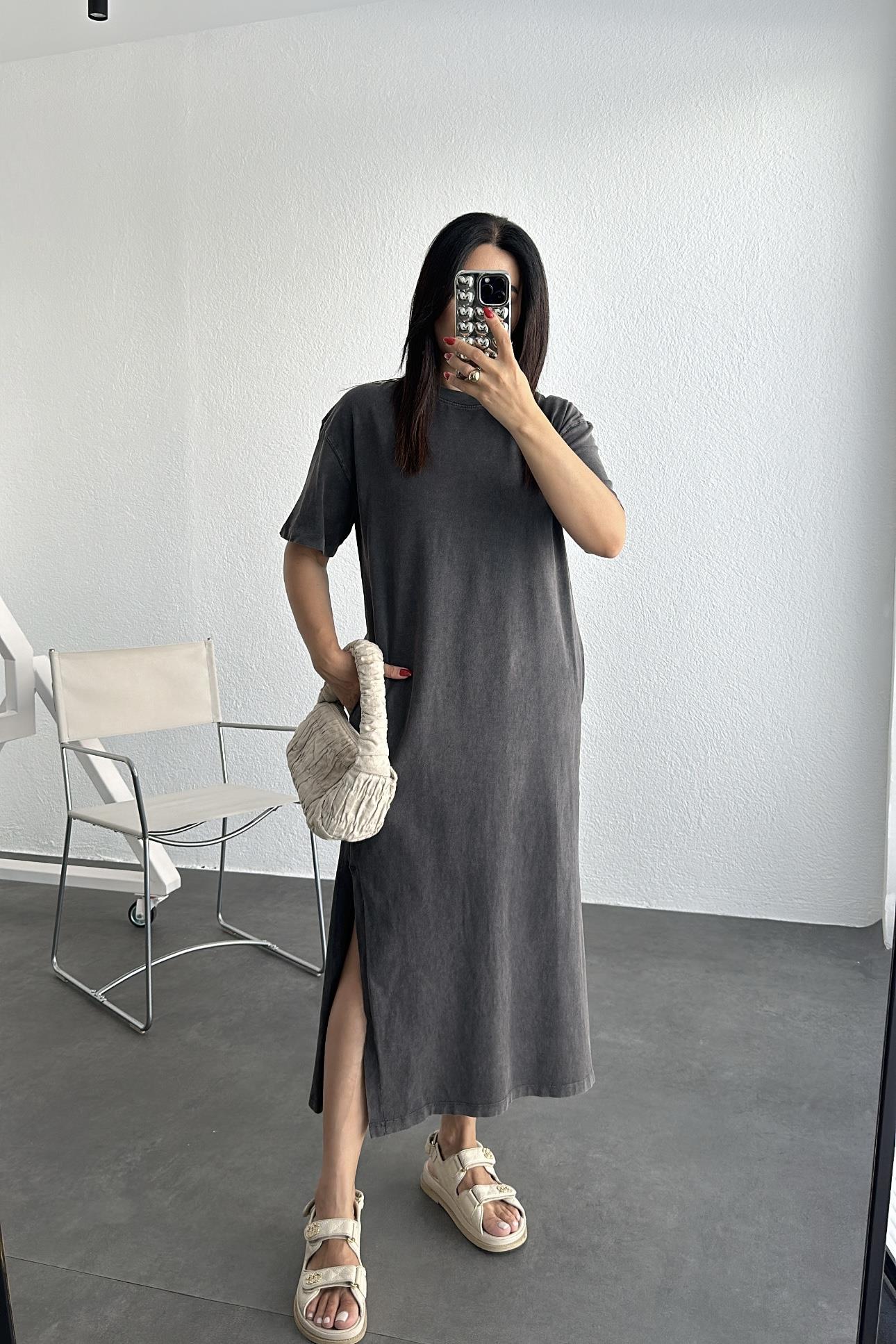 Asit Yıkama Antrasit Cepli Basic Elbise