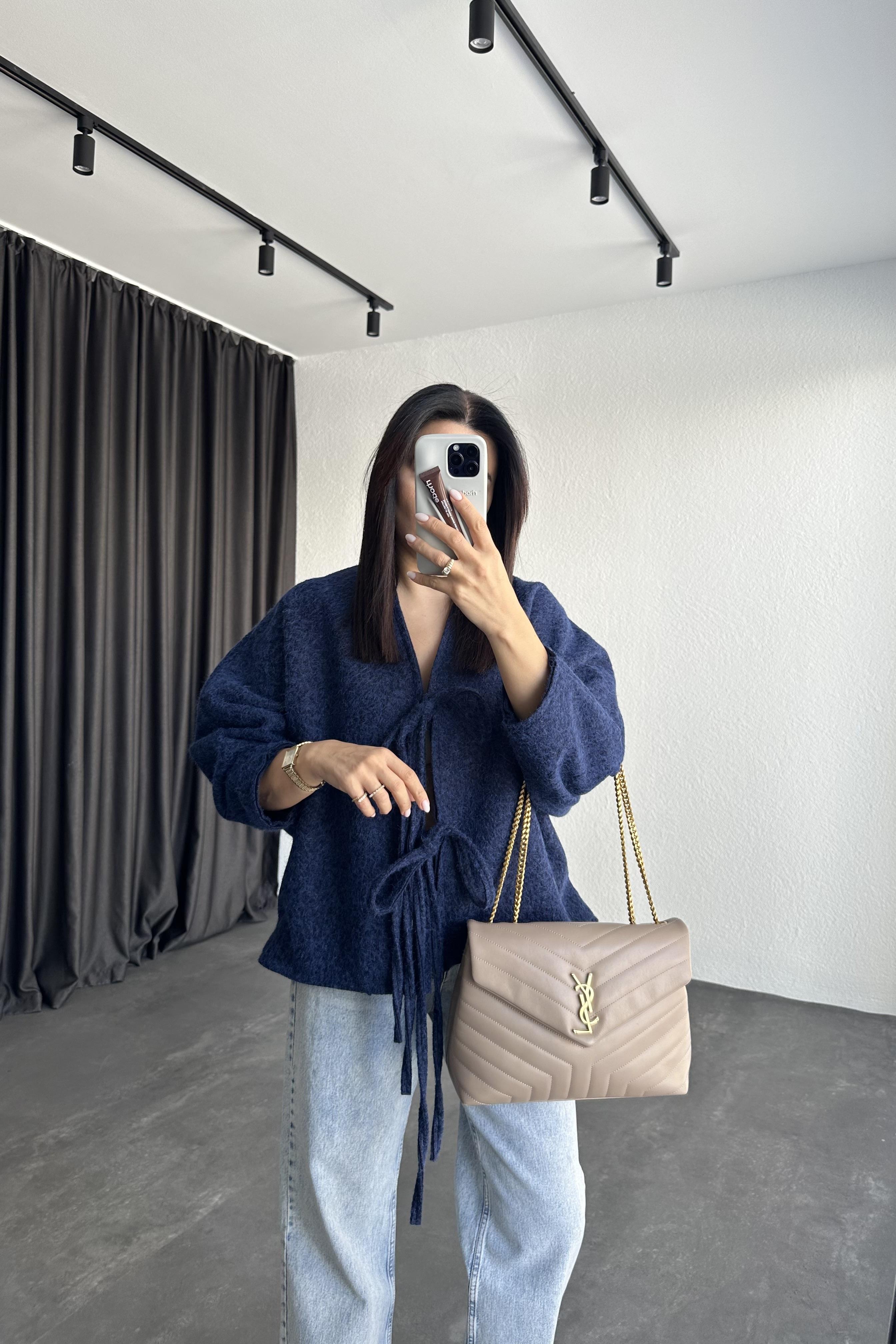 Astarlı Bağlama Detaylı Şardonlu Ceket İndigo