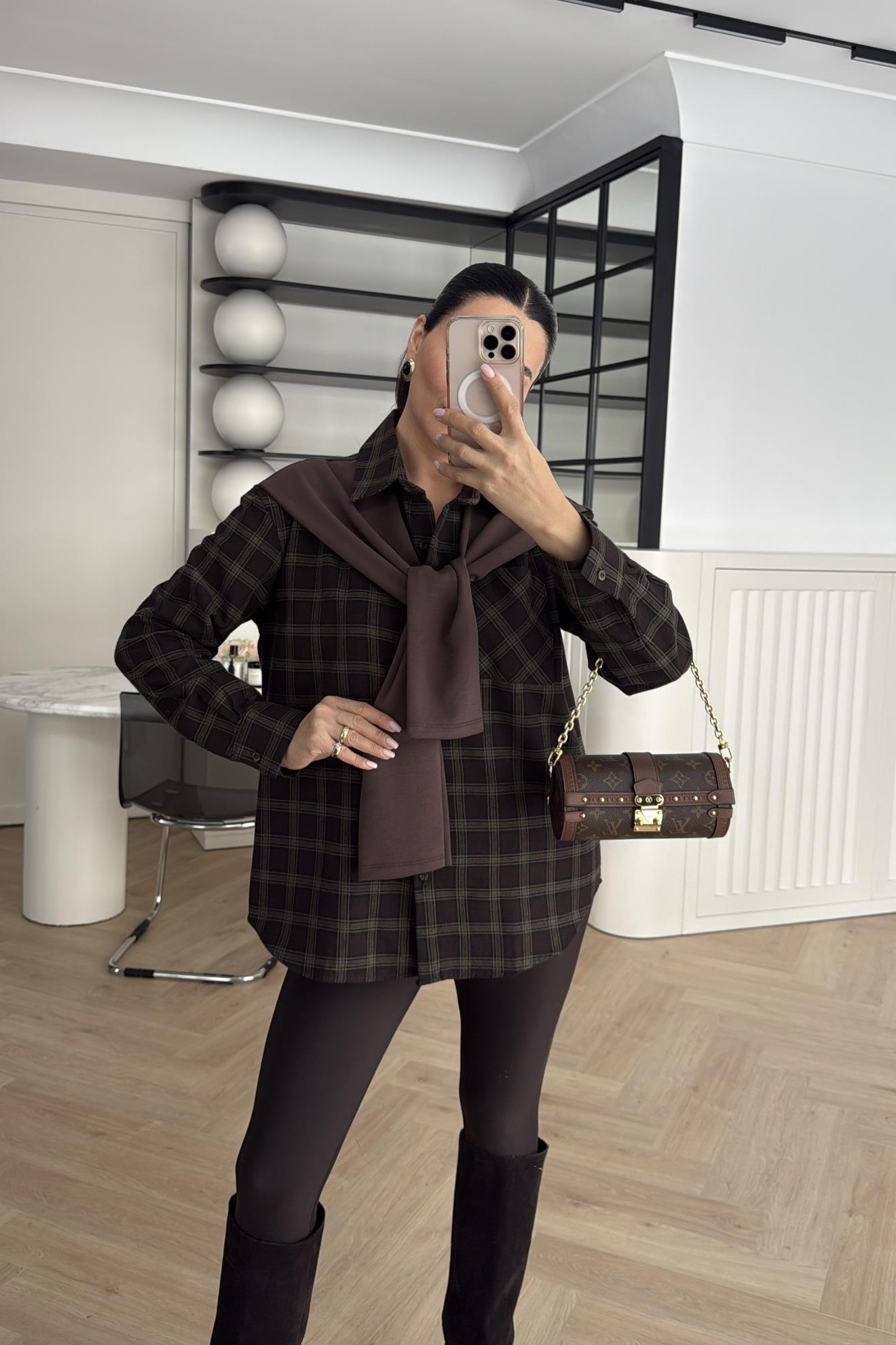 ATKI DETAYLI EKOSE GÖMLEK KAHVE