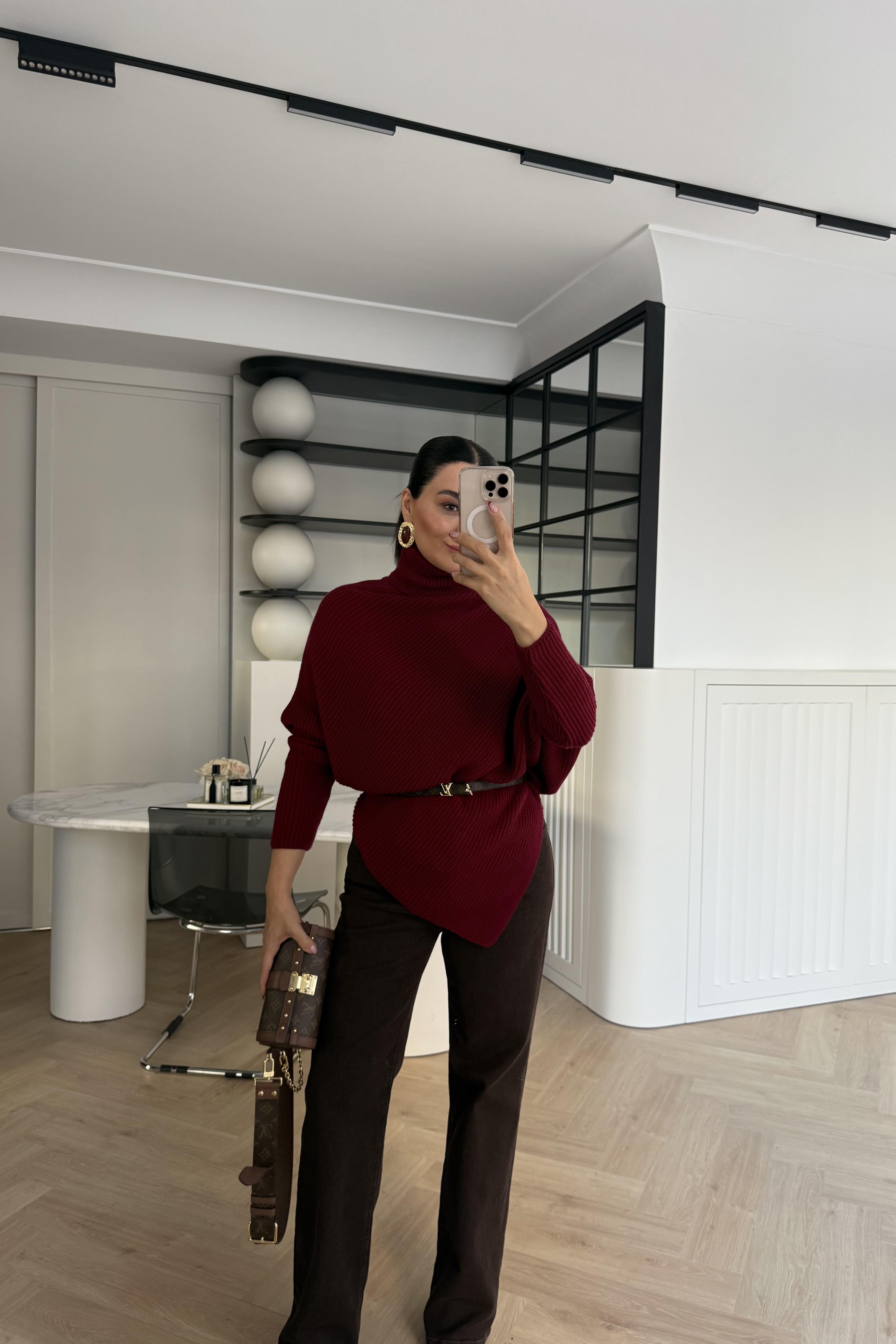 BALIKÇI YAKA ASİMETRİK TRİKO KAZAK BORDO