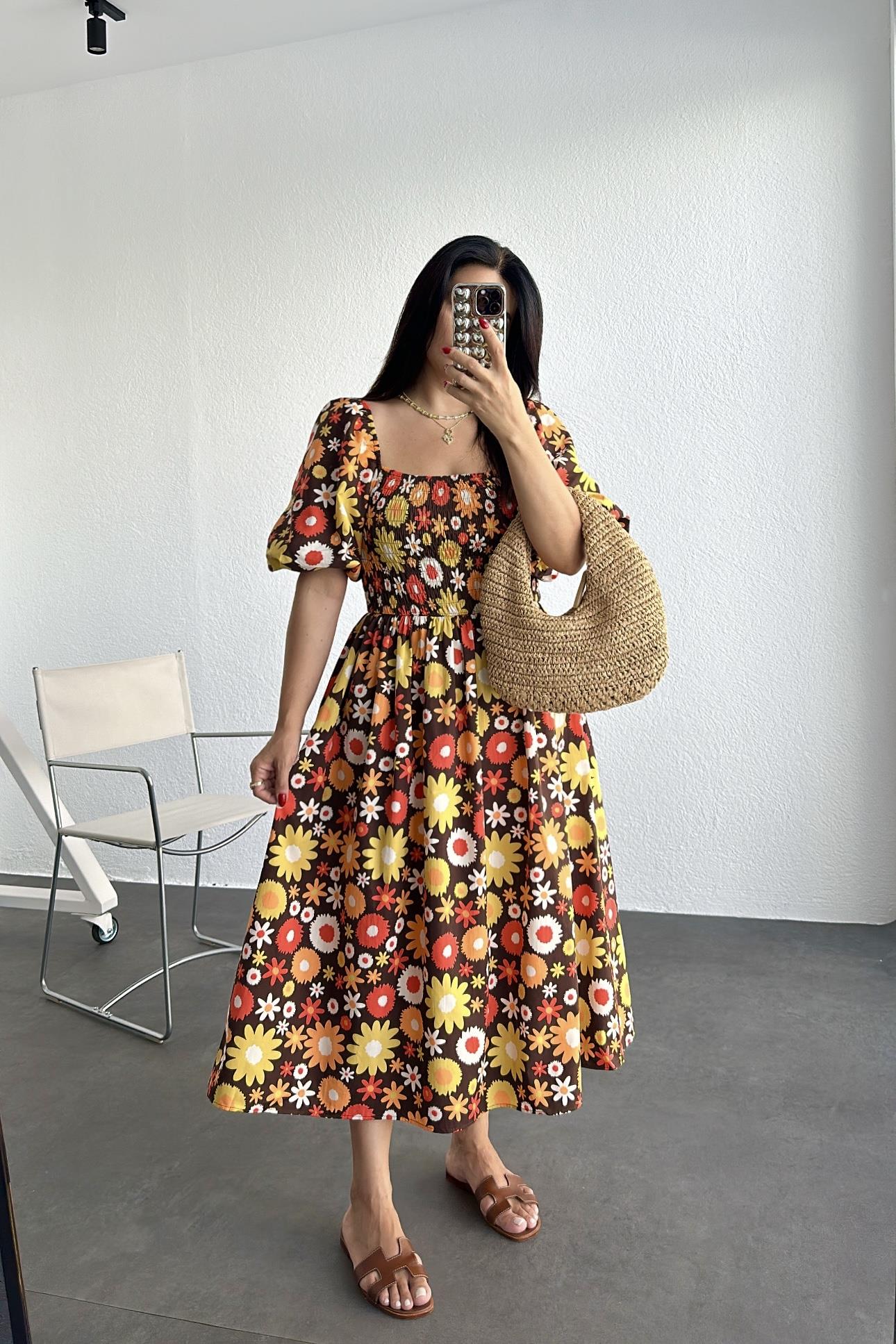 Balon Kol Çiçekli Poplin Kumaş Renklı Elbise