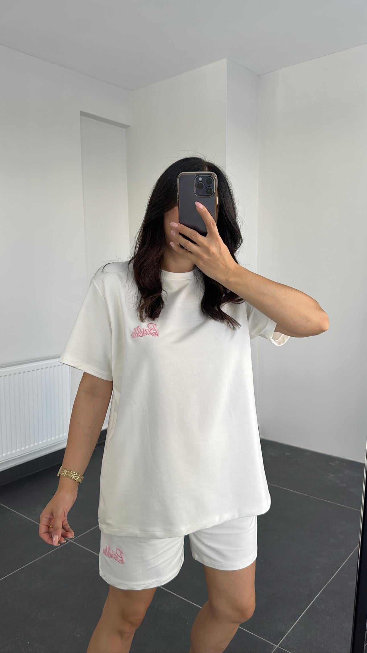 Barbie Nakışlı Şortlu Takım Beyaz