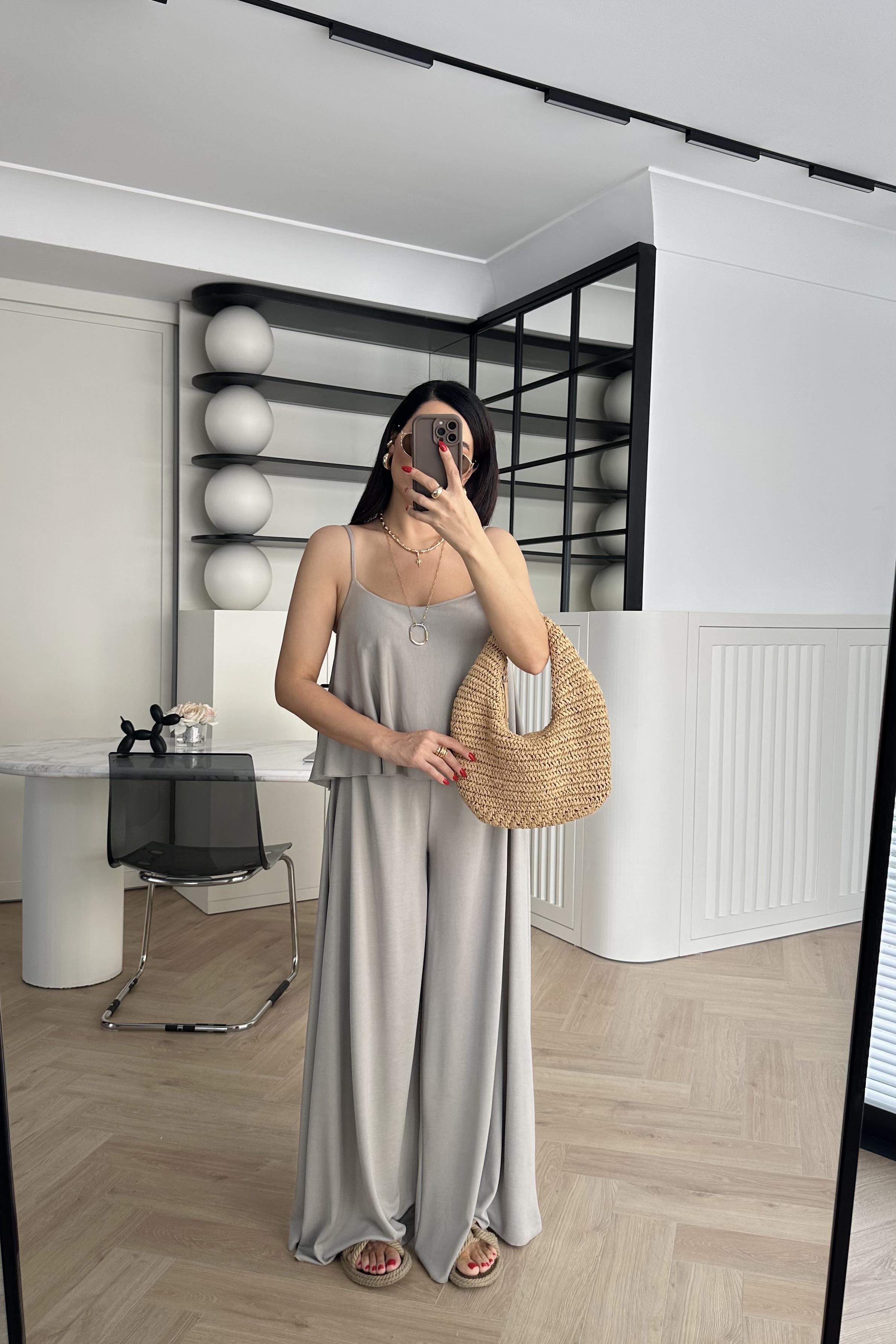 Bej İp Askılı Bol Paça Takım