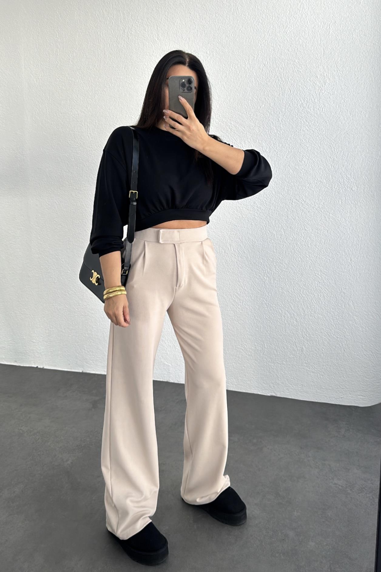 Beli Cırtlı Likralı Palazzo Pantolon Bej