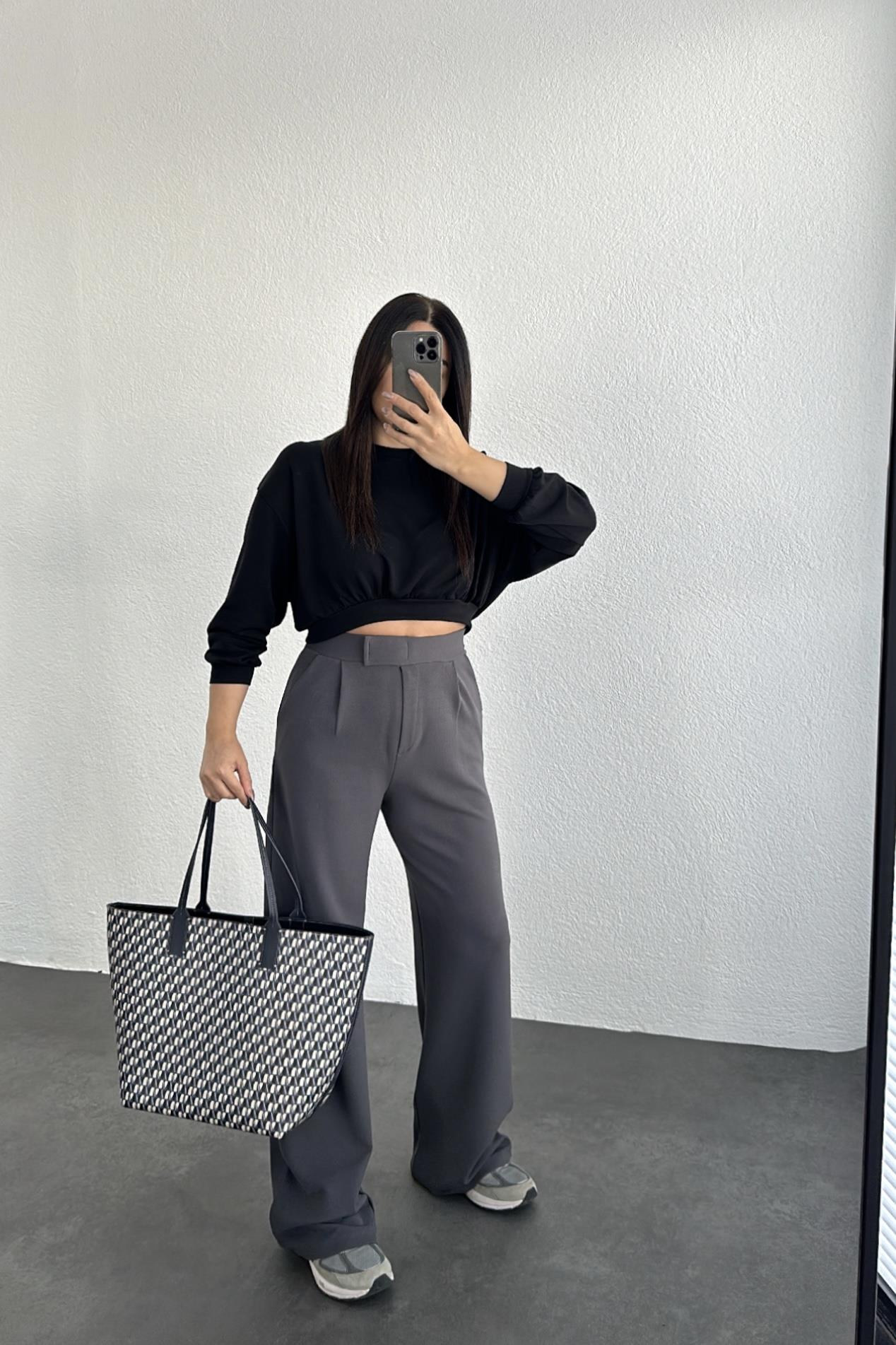 Beli Cırtlı Likralı Palazzo Pantolon Koyu Gri