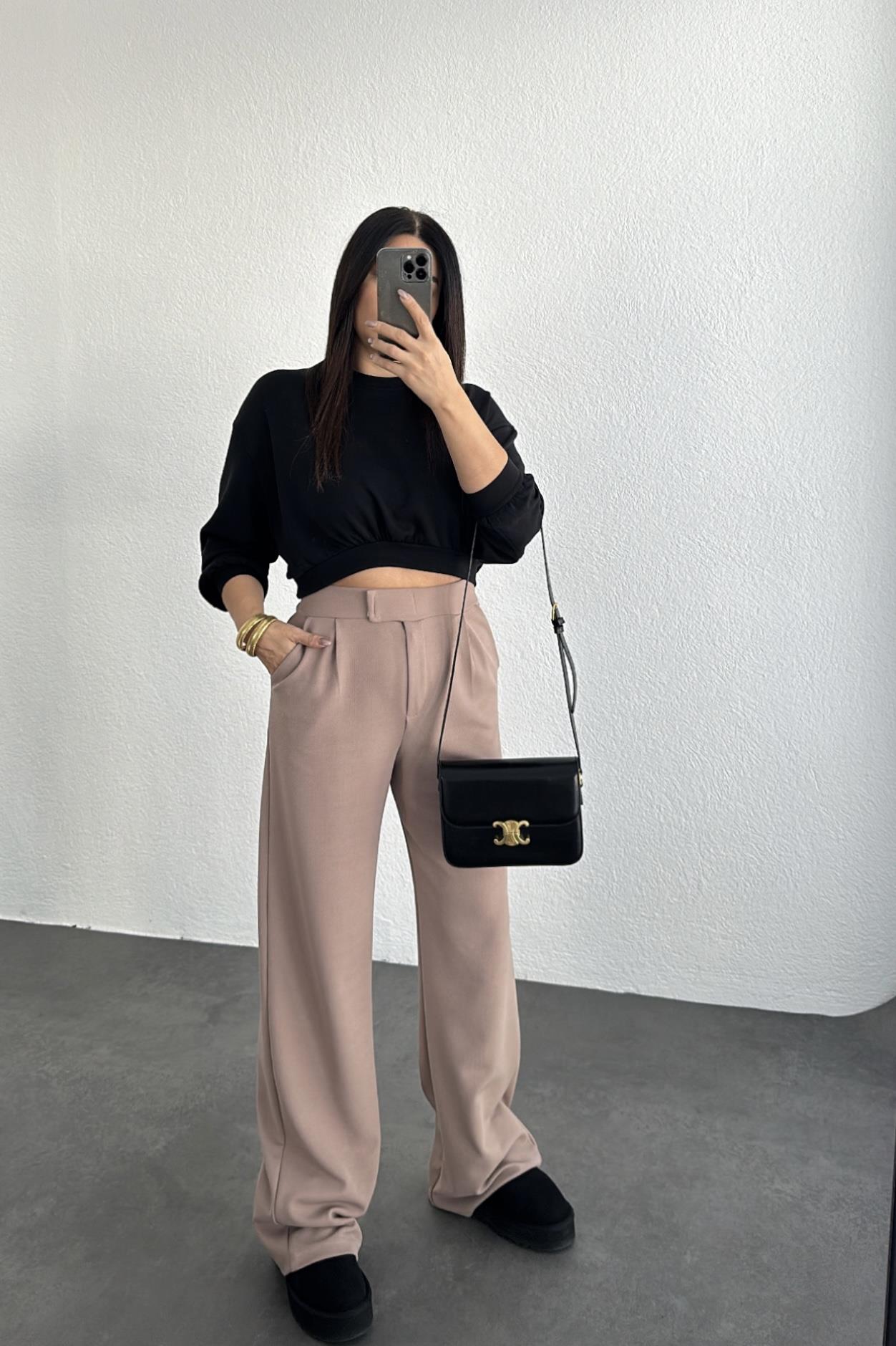 Beli Cırtlı Likralı Palazzo Pantolon Vizon