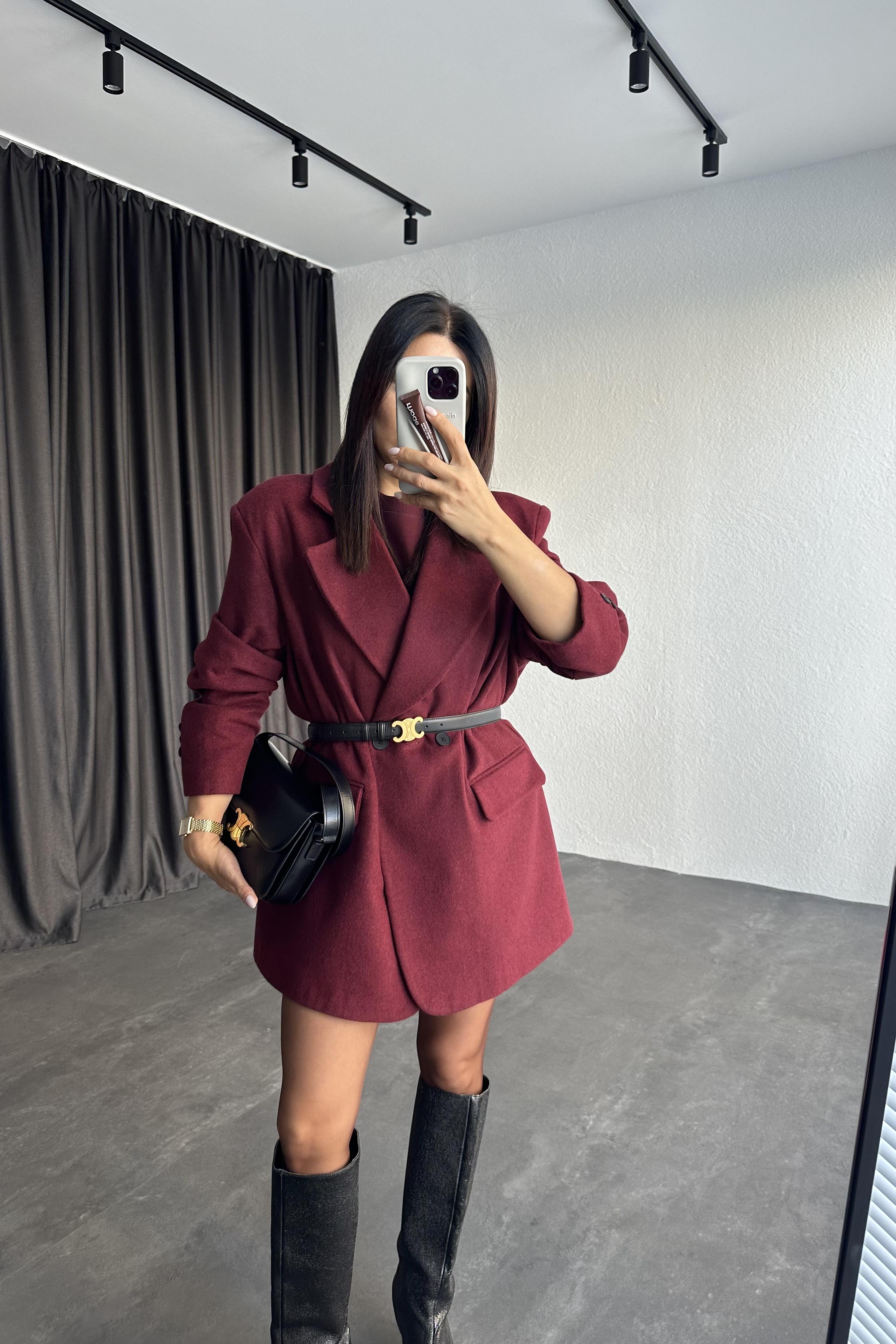 Beli Kemerli Astarlı Oversize Bordo Kaşe Ceket