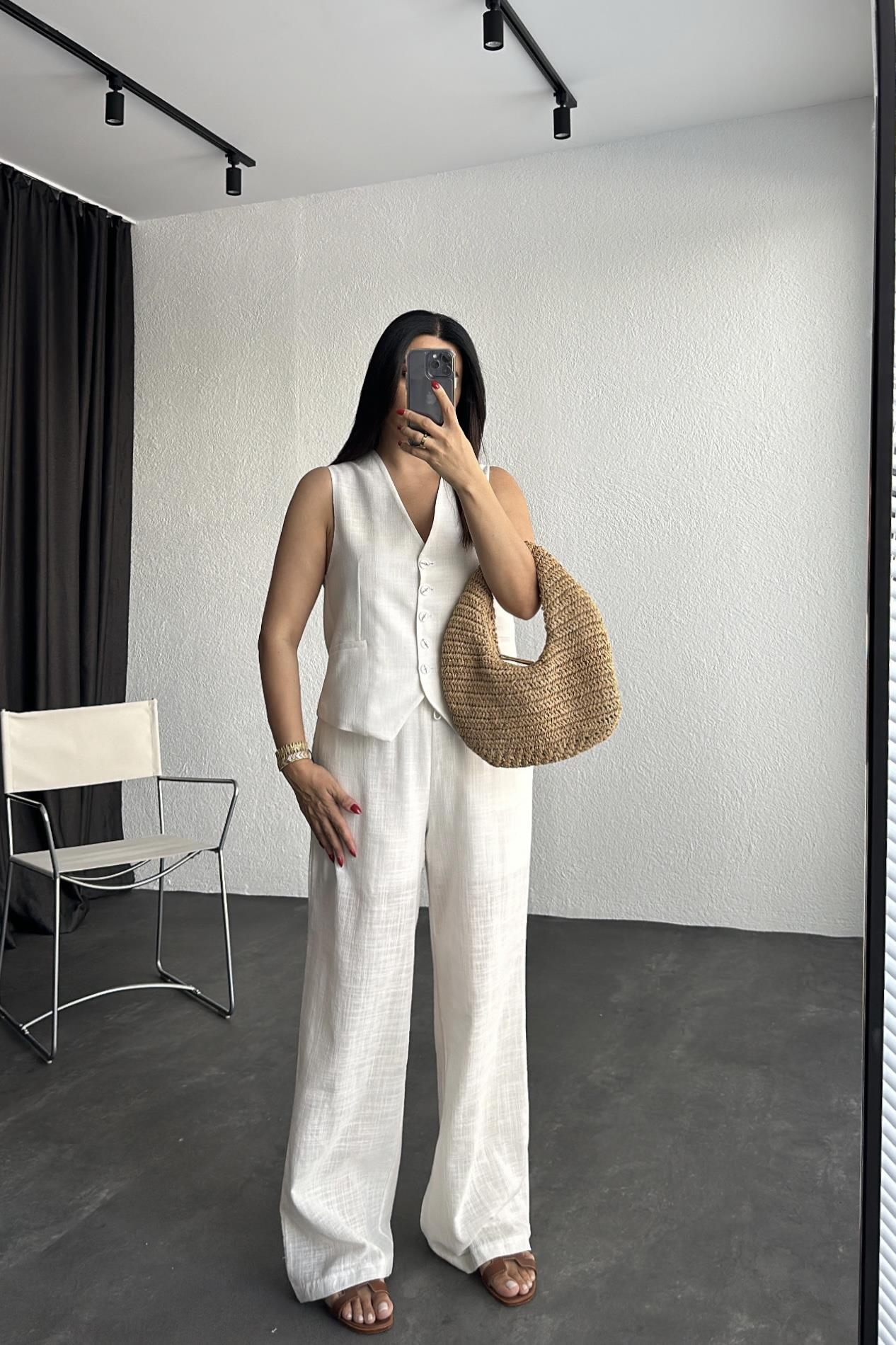 Beli Lastikli Astarlı Ekru Keten Pantolon 