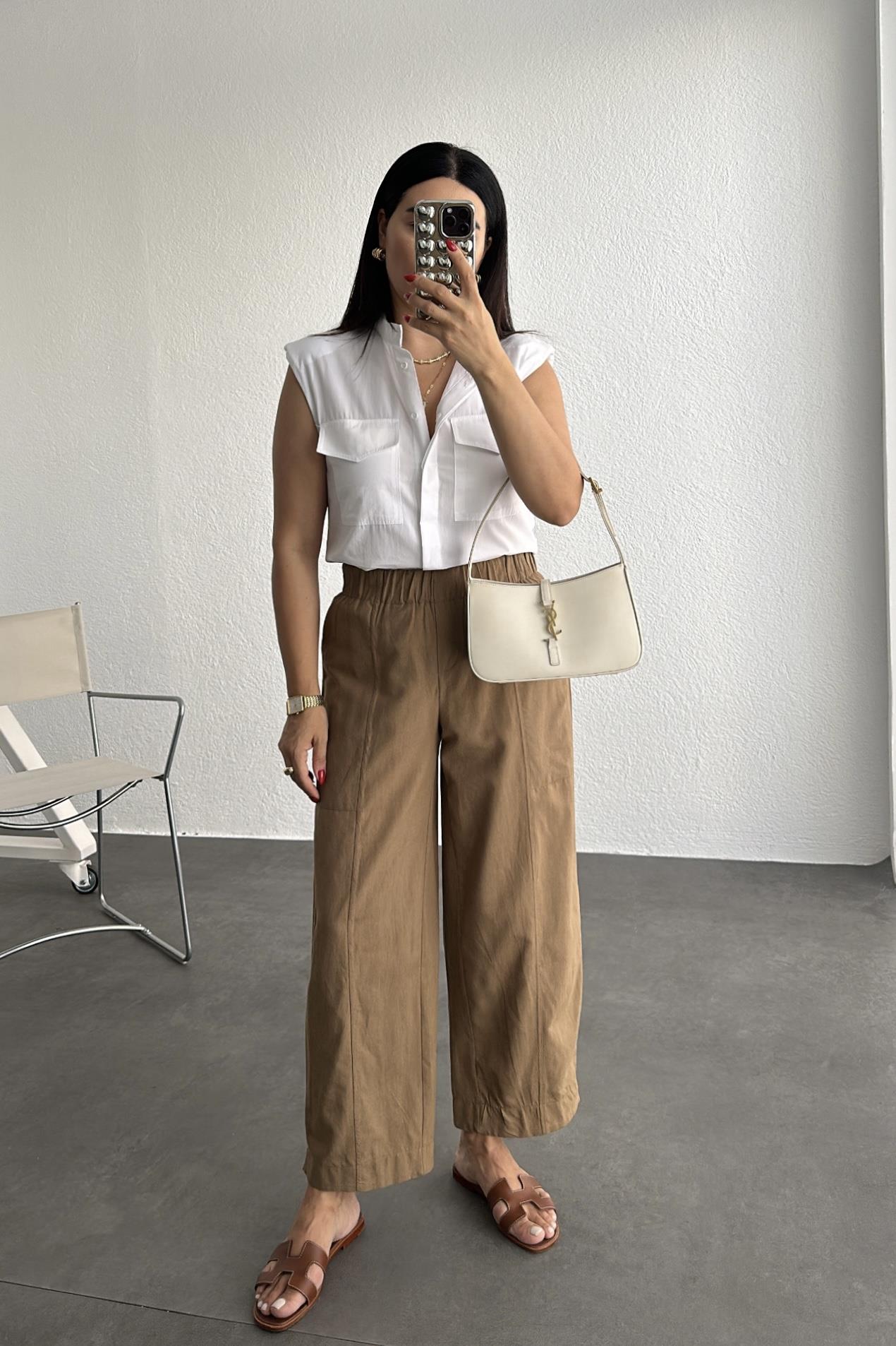 Beli Lastikli Keten Pantolon Camel
