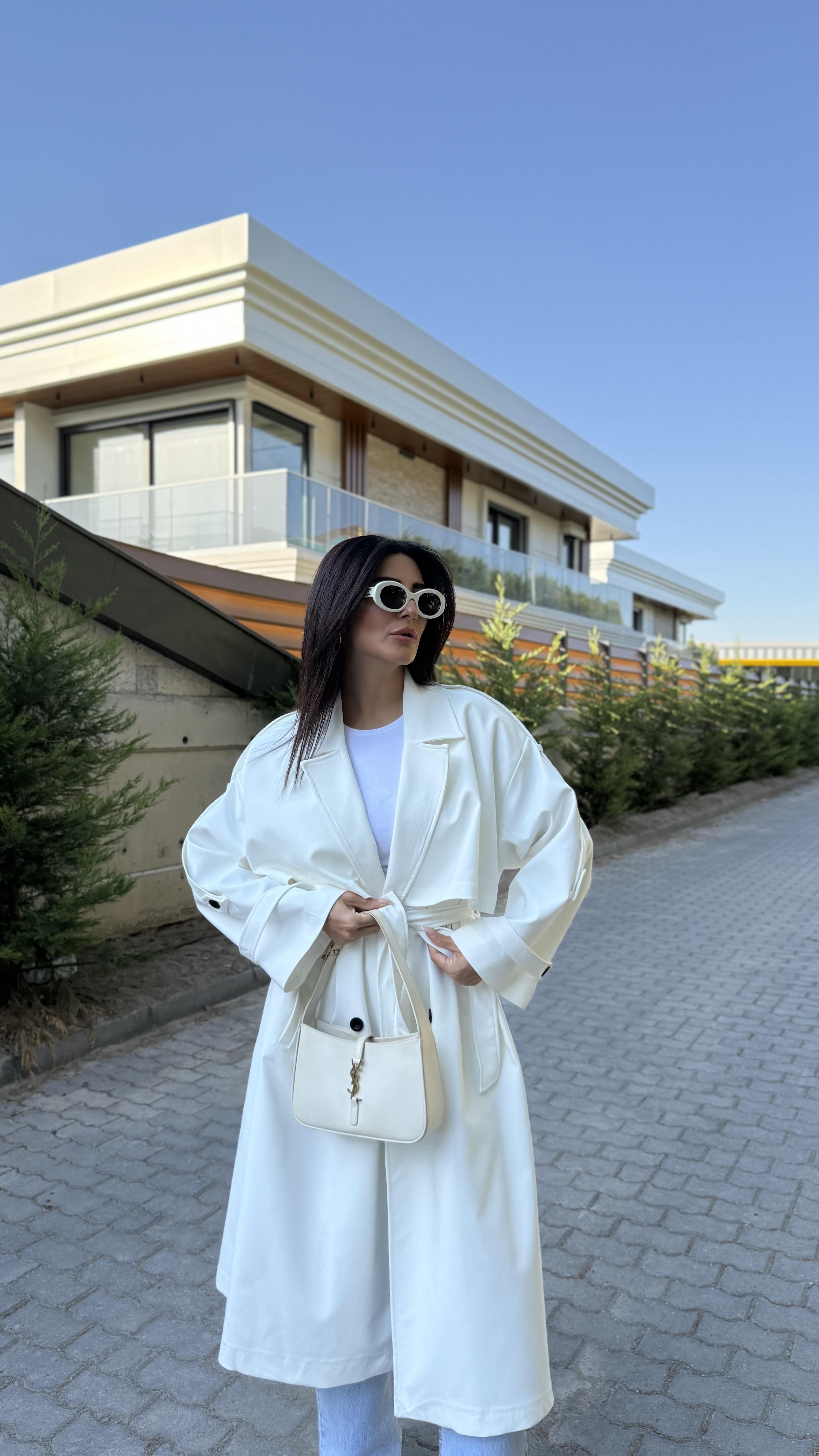 BEYAZ TASARIM ASTARLI PREMIUM TRENÇKOT