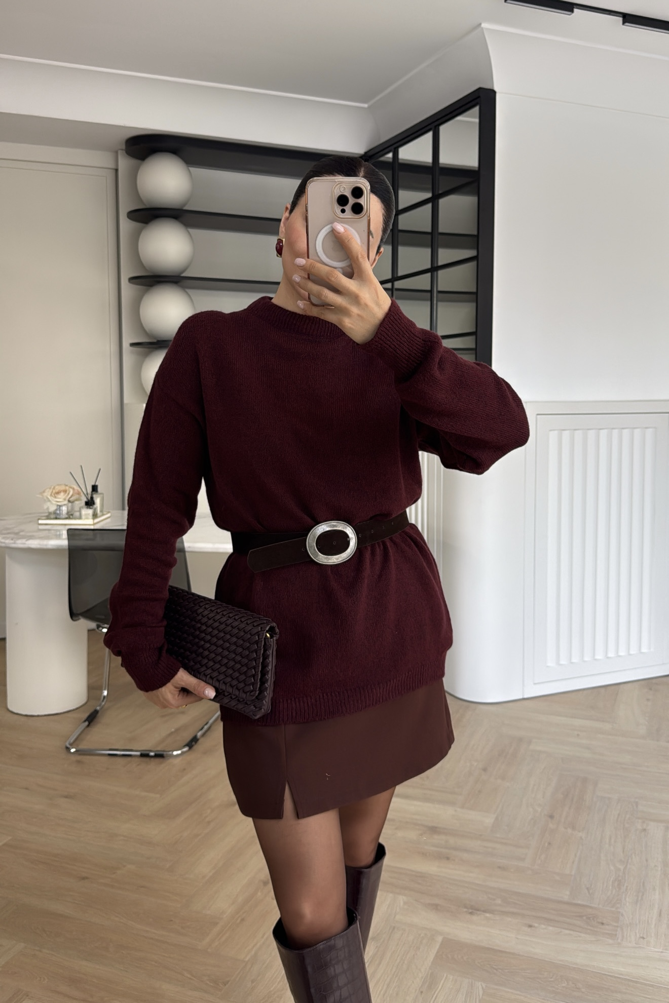 BİSİKLET YAKA TUNİK BOY OVERSİZE KAZAK BORDO 