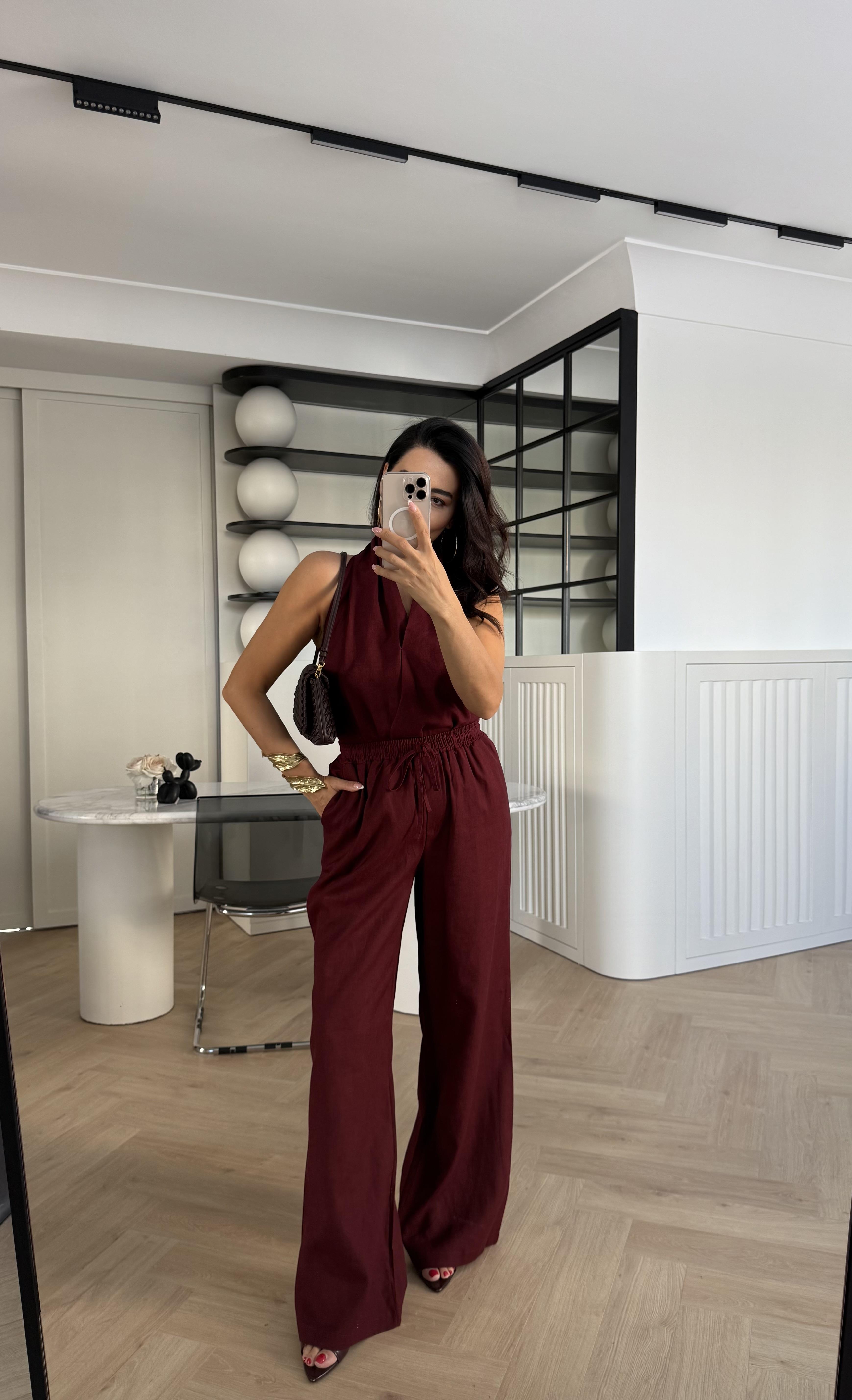 BORDO %100 HAM KETEN BLUZ PANTOLON TAKIM