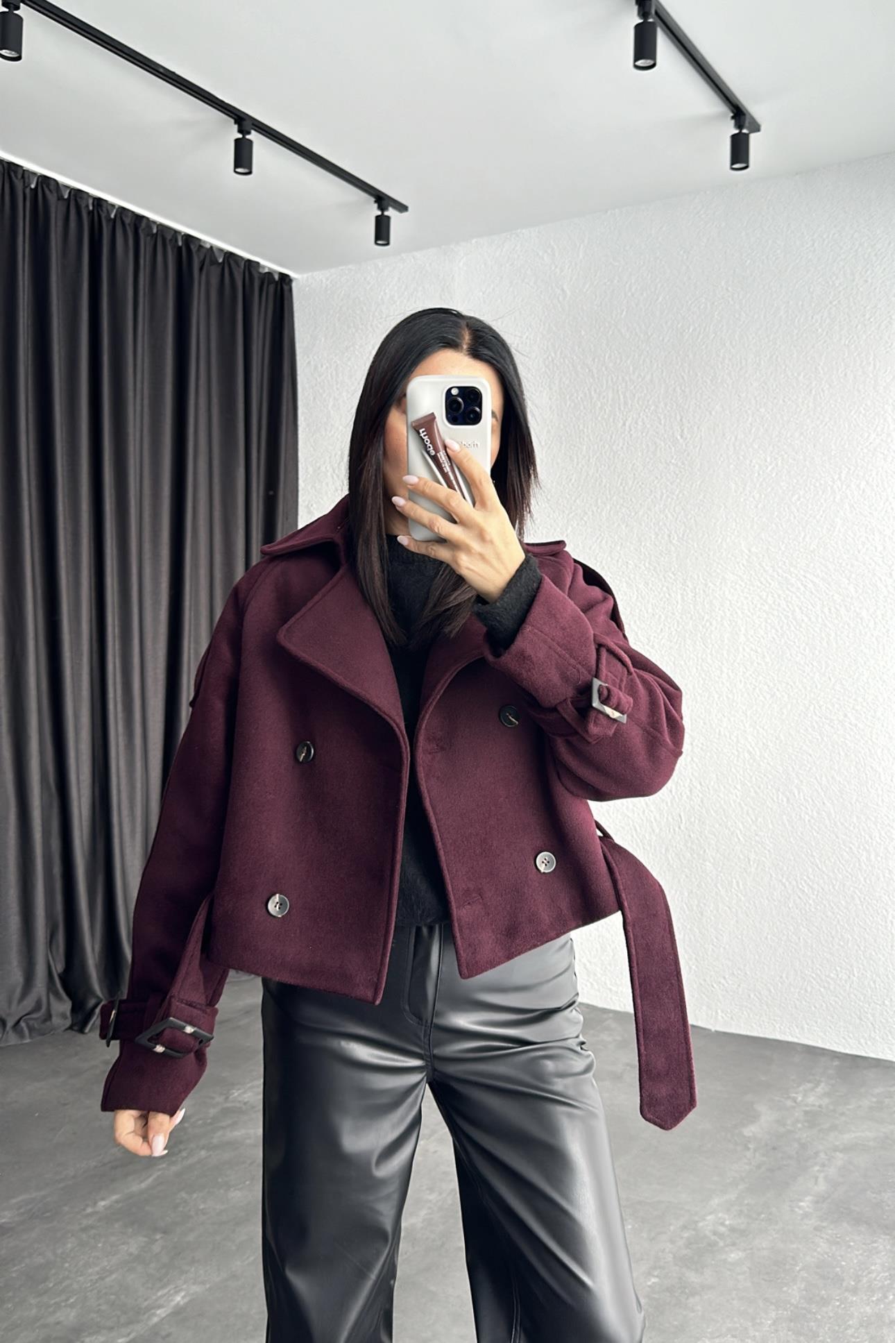 Bordo Astarlı Kısa Kaşe Ceket