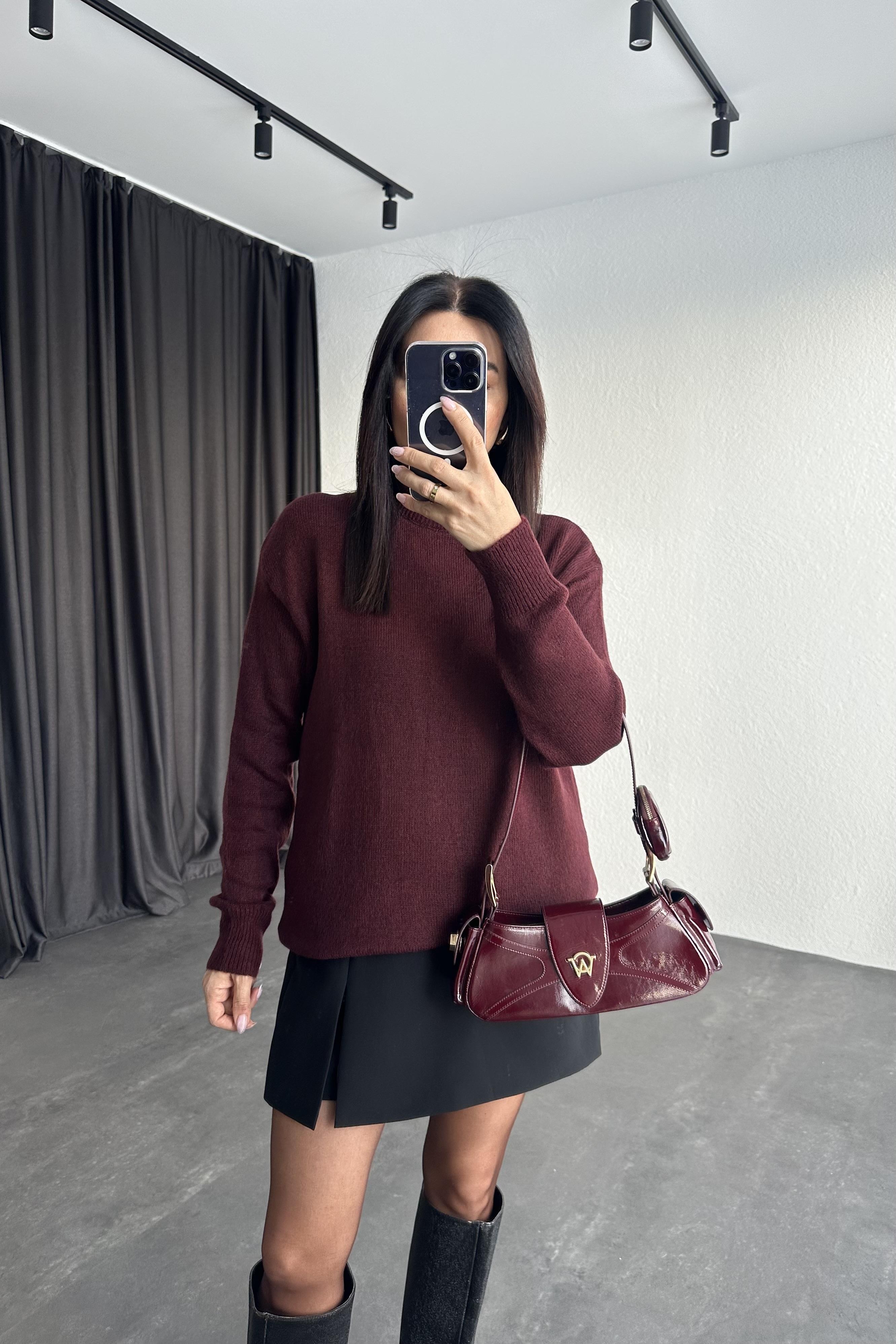 Bordo Bisiklet Yaka Triko Kazak
