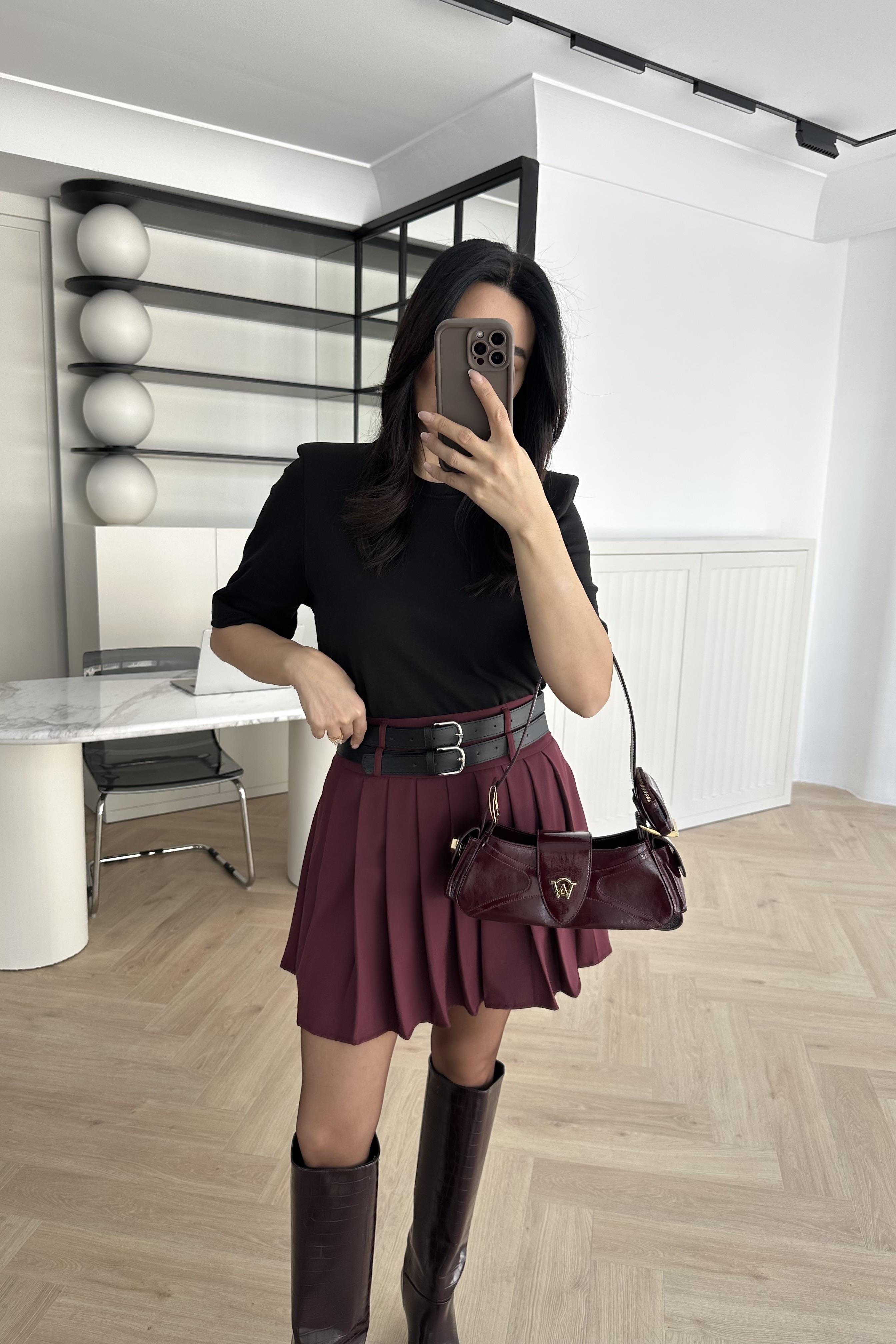Bordo Çift Kemerli Pileli Etek