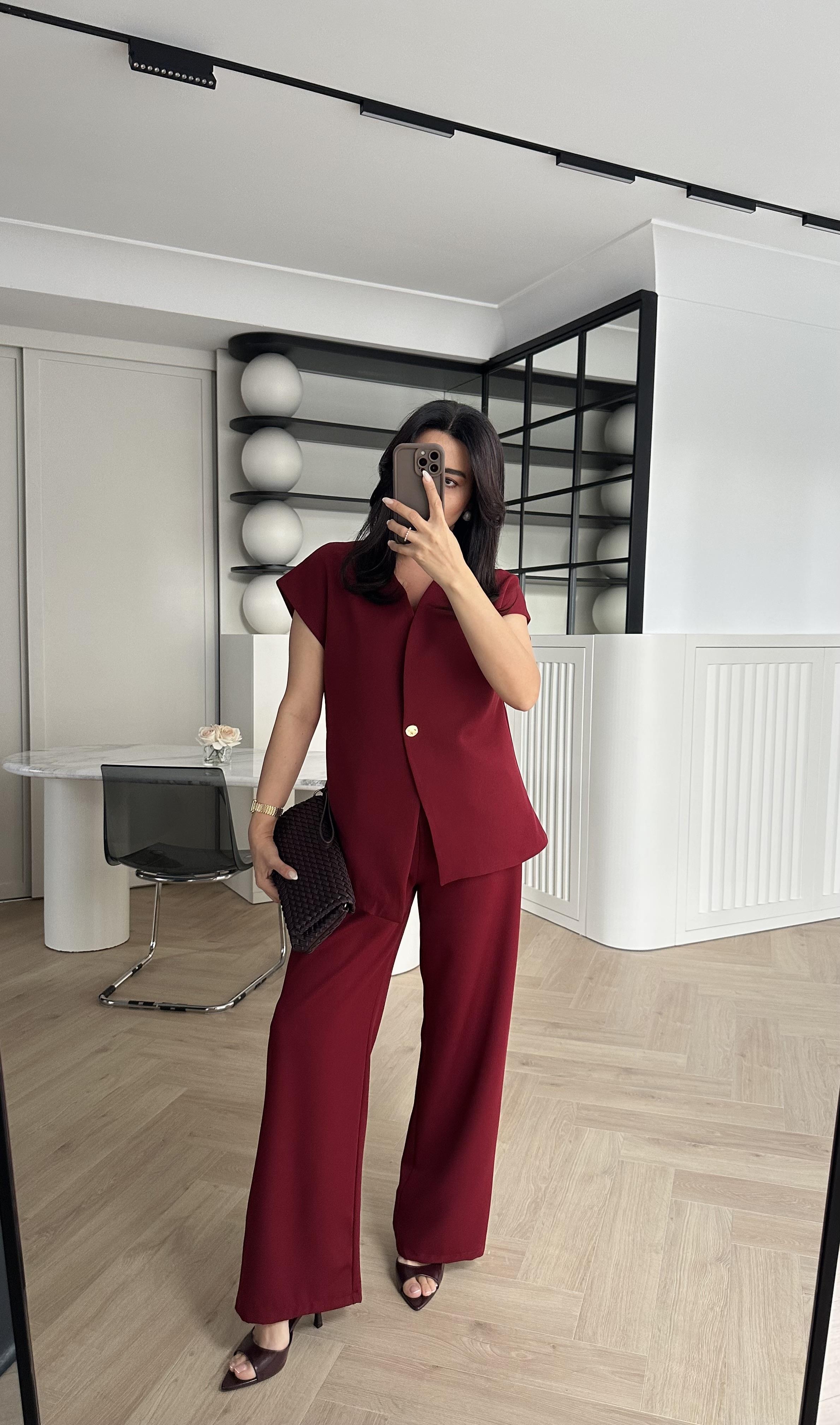Bordo Gold Düğme Detaylı Yelek Pantolon Takım 