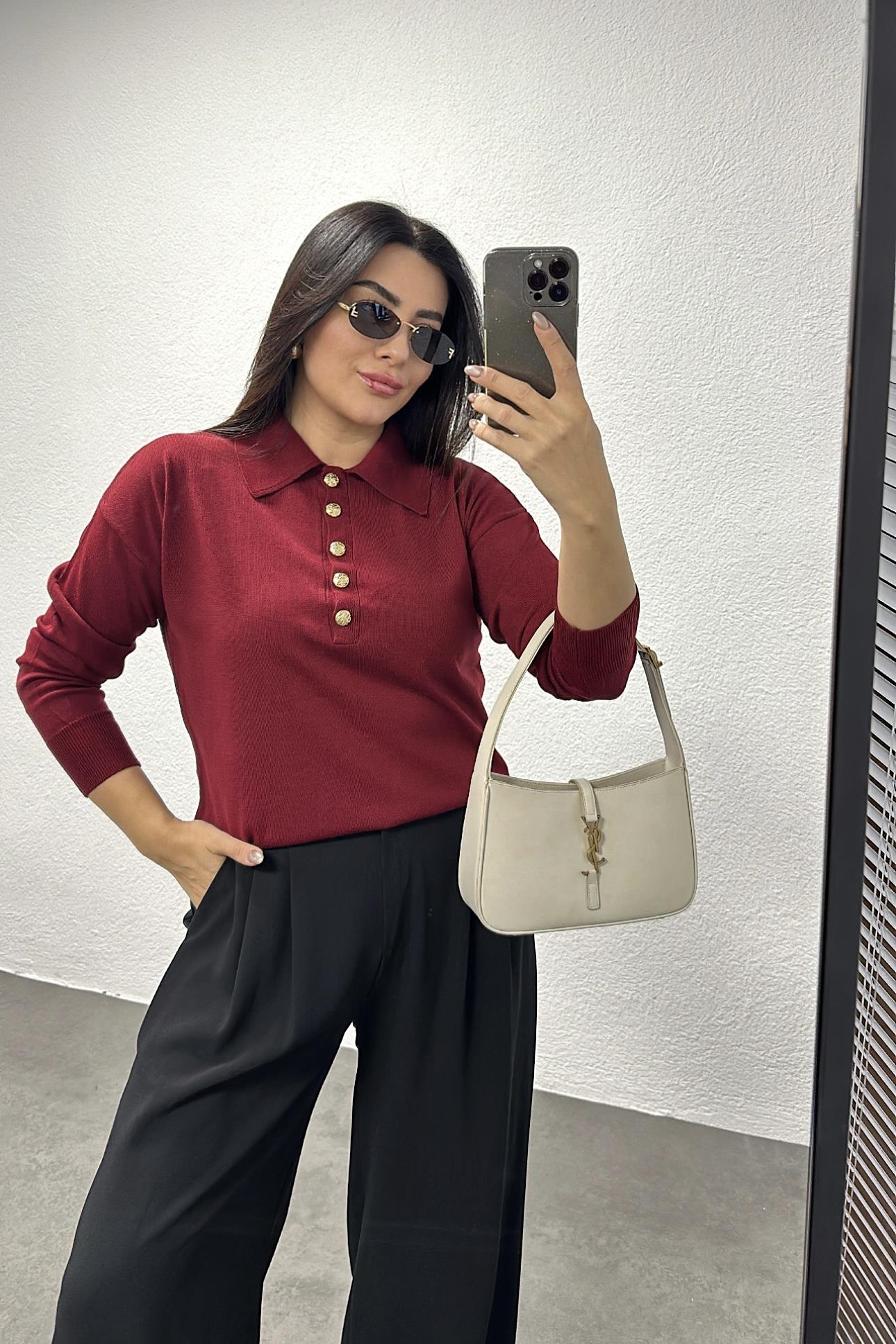 Bordo Gold Düğmeli Polo Yaka Triko