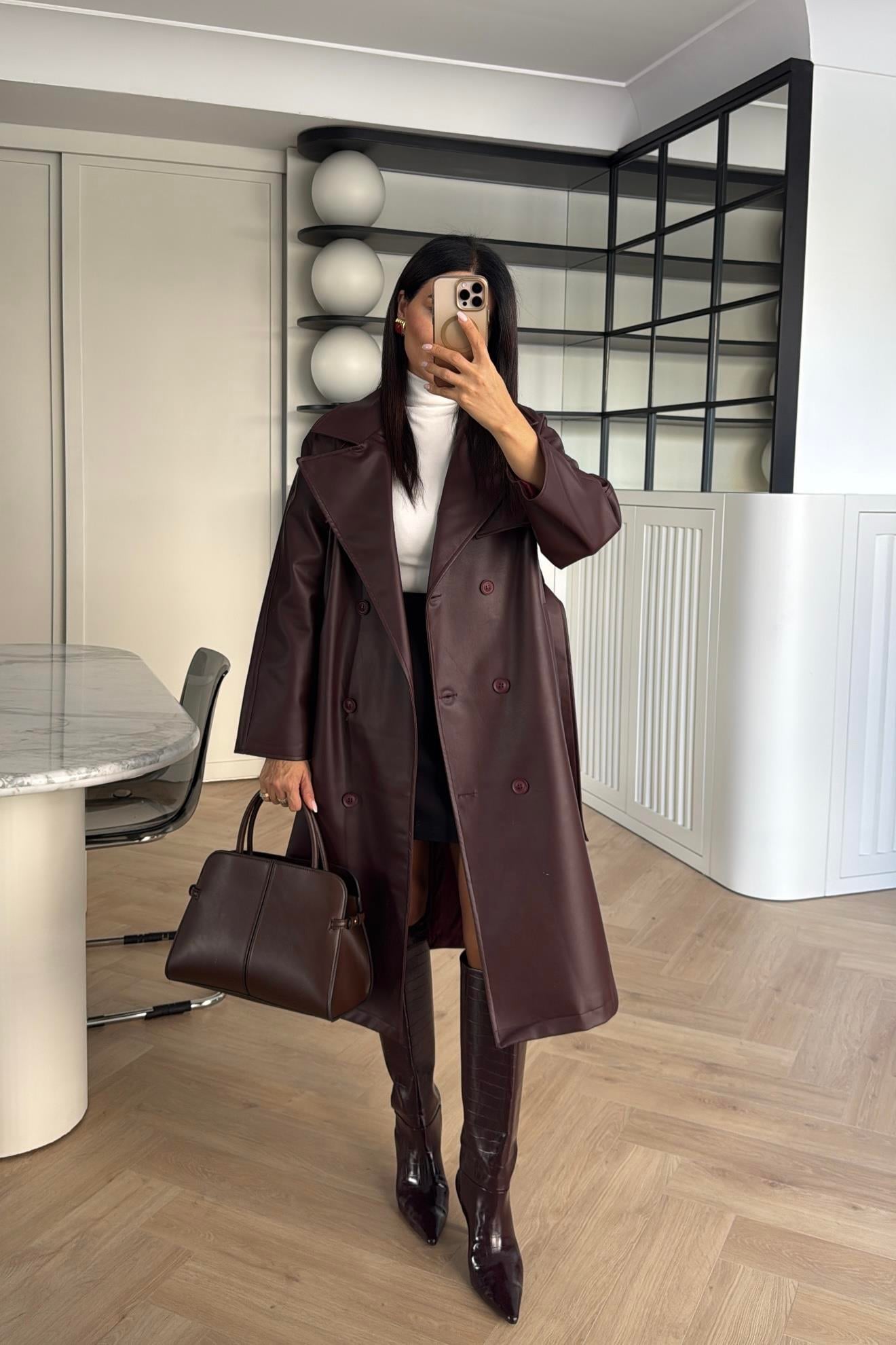 BORDO KEMERLİ CEPLİ PREMİUM SERİ UZUN DERİ TRENÇKOT 
