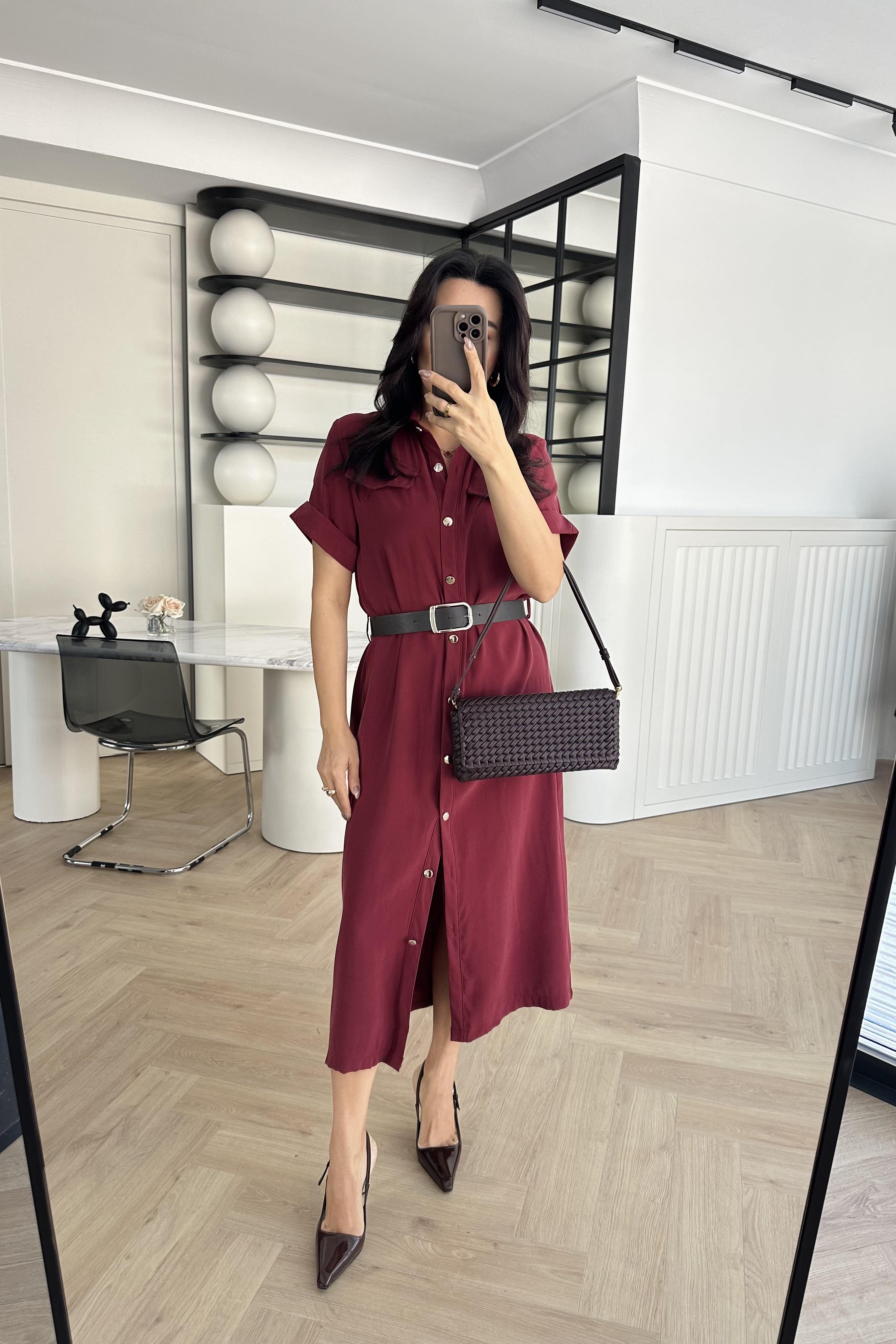 Bordo Kemerli Tensel Kumaş Gömlek Elbise