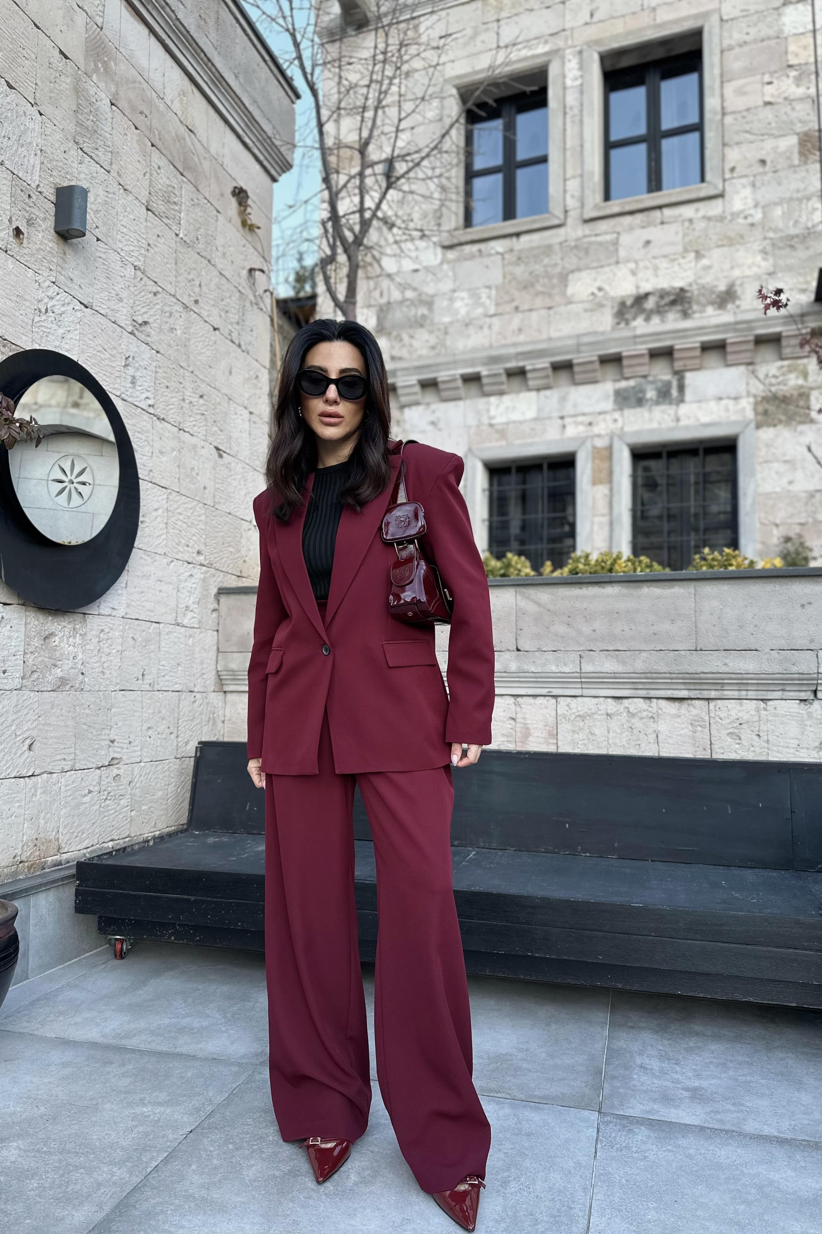 Bordo Omuzları Vatkalı Ceket Pantolon Takım 